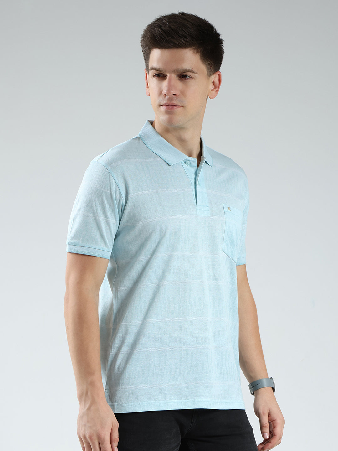 Luxuria Men Green Stripe Collar Half Sleeve T-Shirt