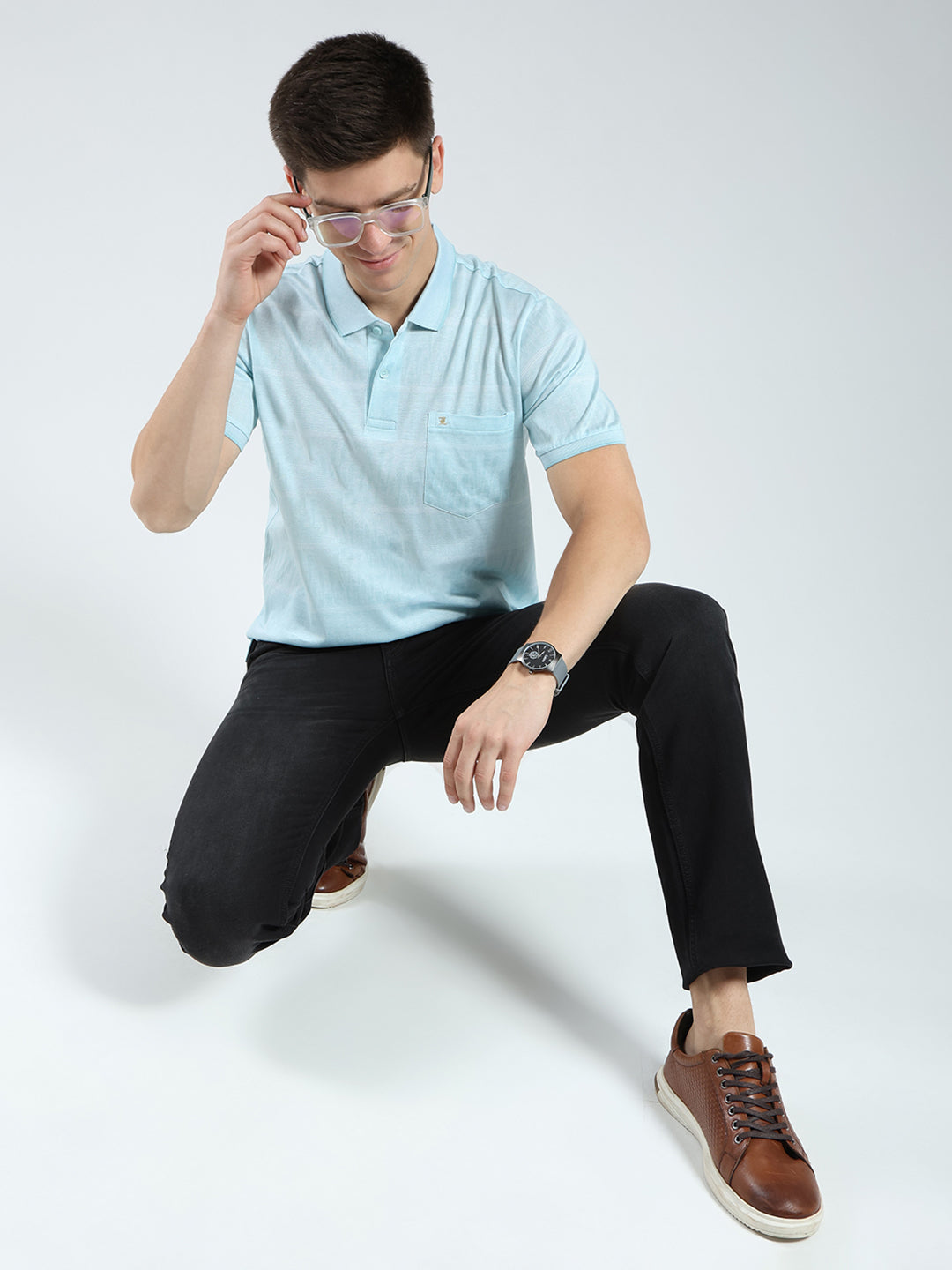 Luxuria Men Green Stripe Collar Half Sleeve T-Shirt