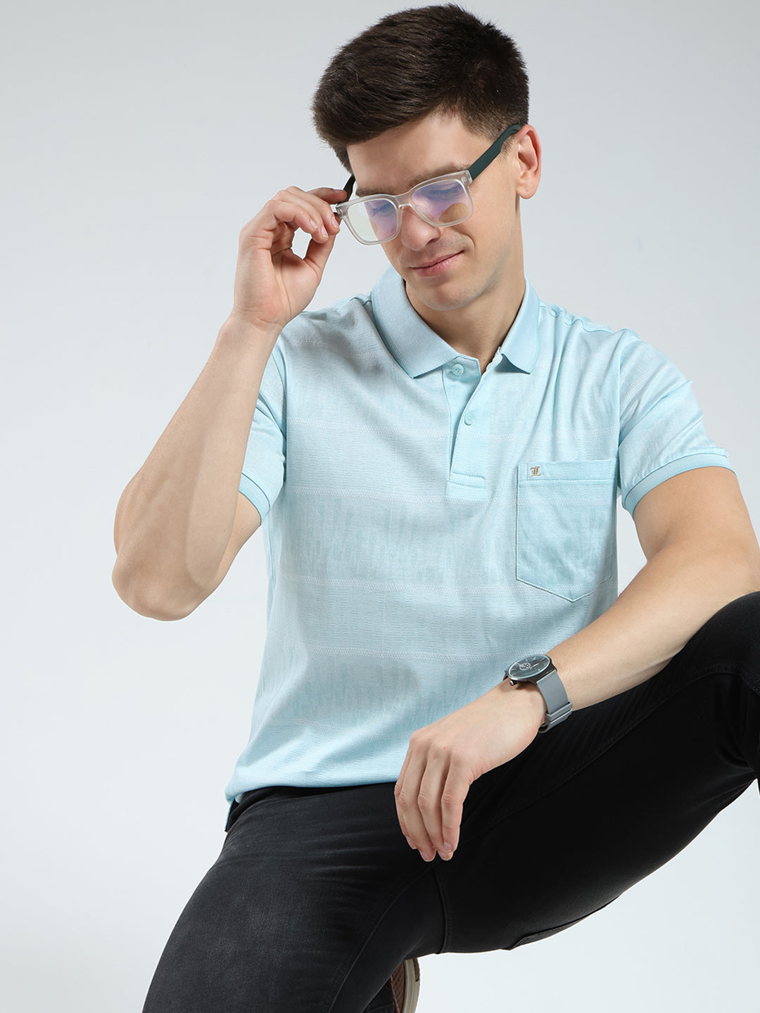 Luxuria Men Green Stripe Collar Half Sleeve T-Shirt