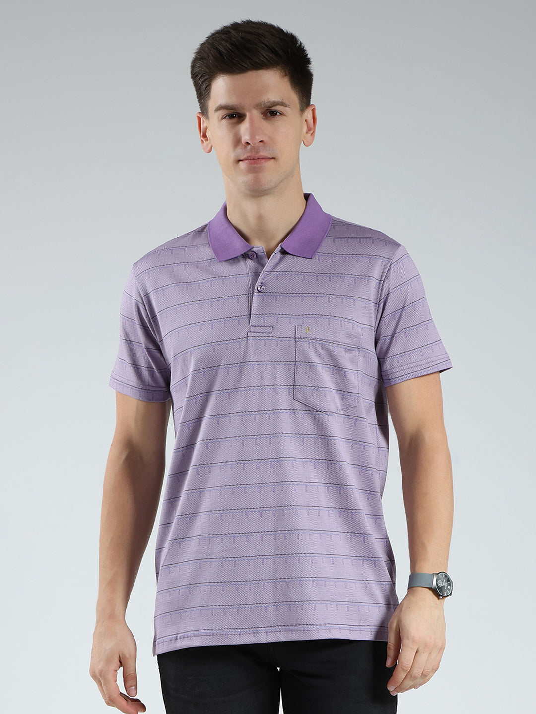 Luxuria Men Purple Stripe Collar Half Sleeve T-Shirt