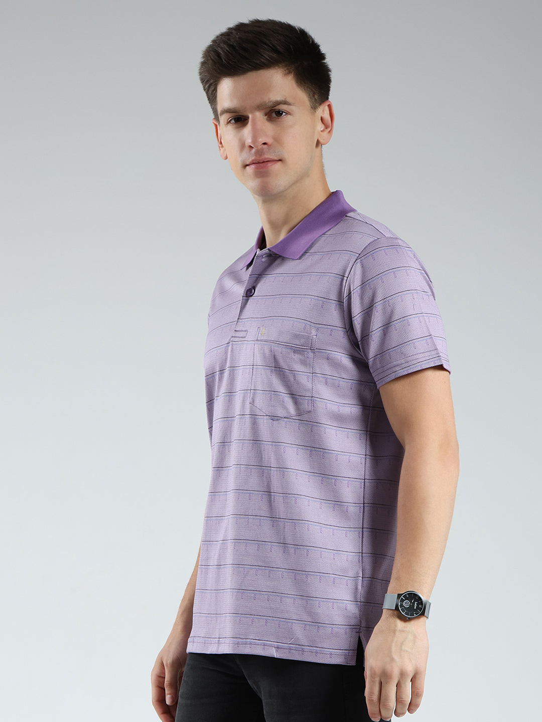 Luxuria Men Purple Stripe Collar Half Sleeve T-Shirt