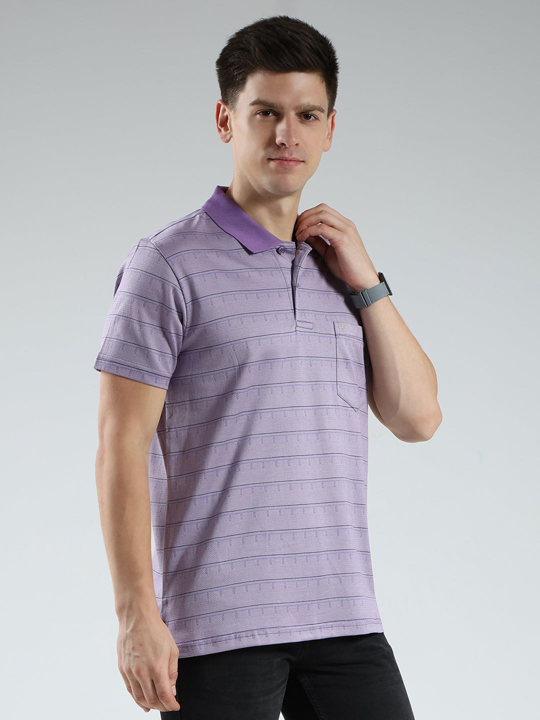 Luxuria Men Purple Stripe Collar Half Sleeve T-Shirt