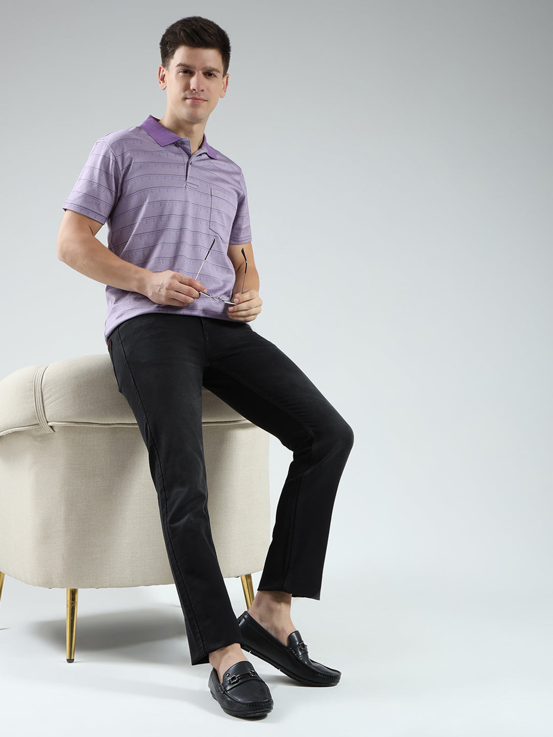 Luxuria Men Purple Stripe Collar Half Sleeve T-Shirt