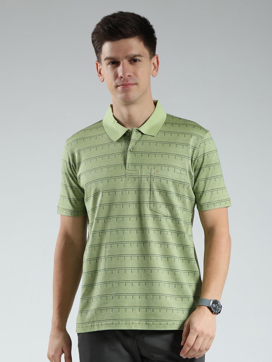 Luxuria Men Green Stripe Collar Half Sleeve T-Shirt
