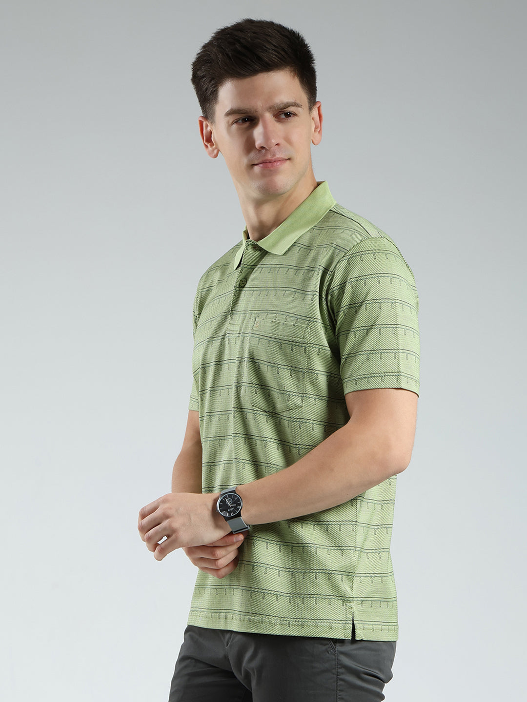 Luxuria Men Green Stripe Collar Half Sleeve T-Shirt