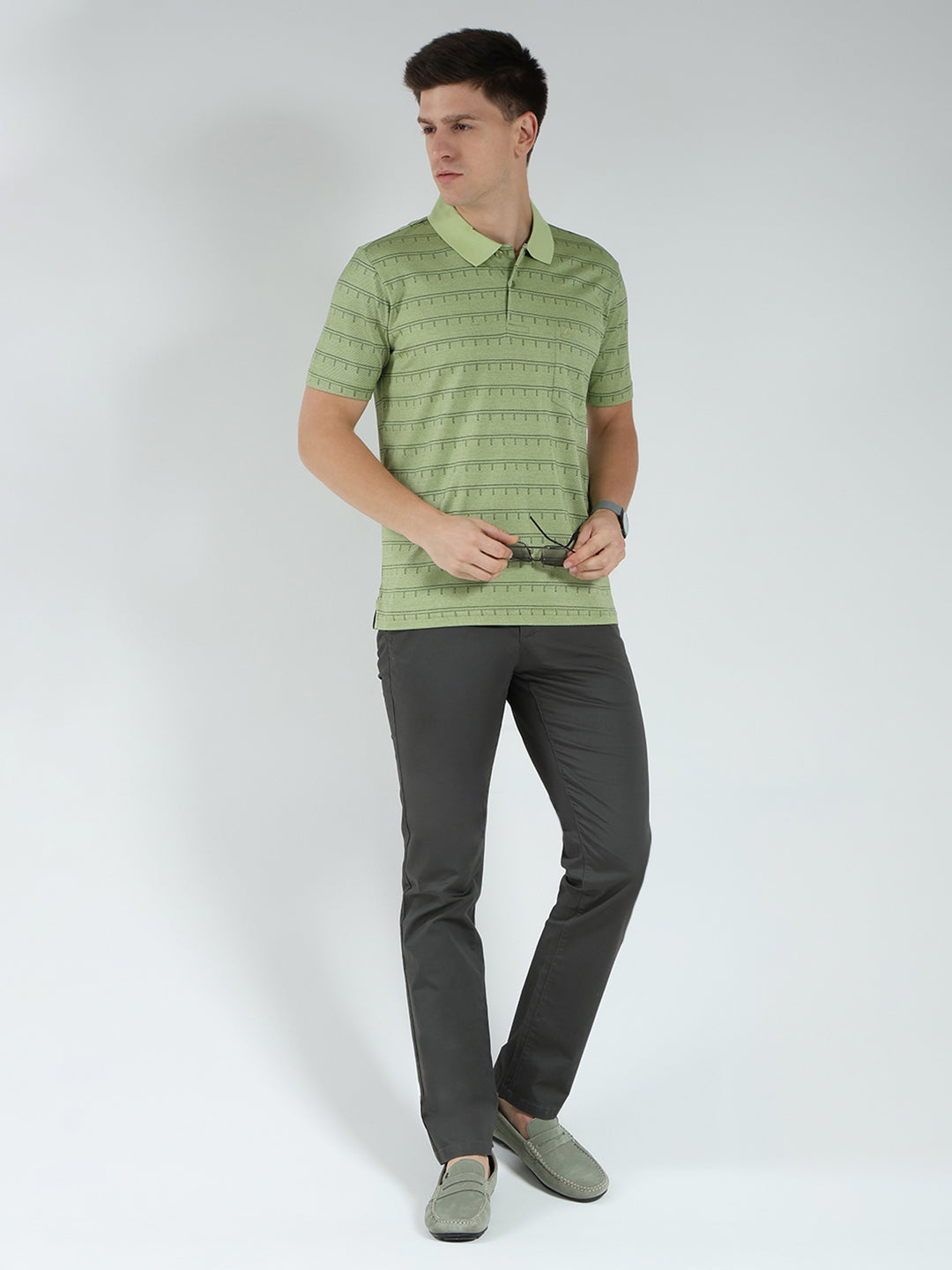 Luxuria Men Green Stripe Collar Half Sleeve T-Shirt