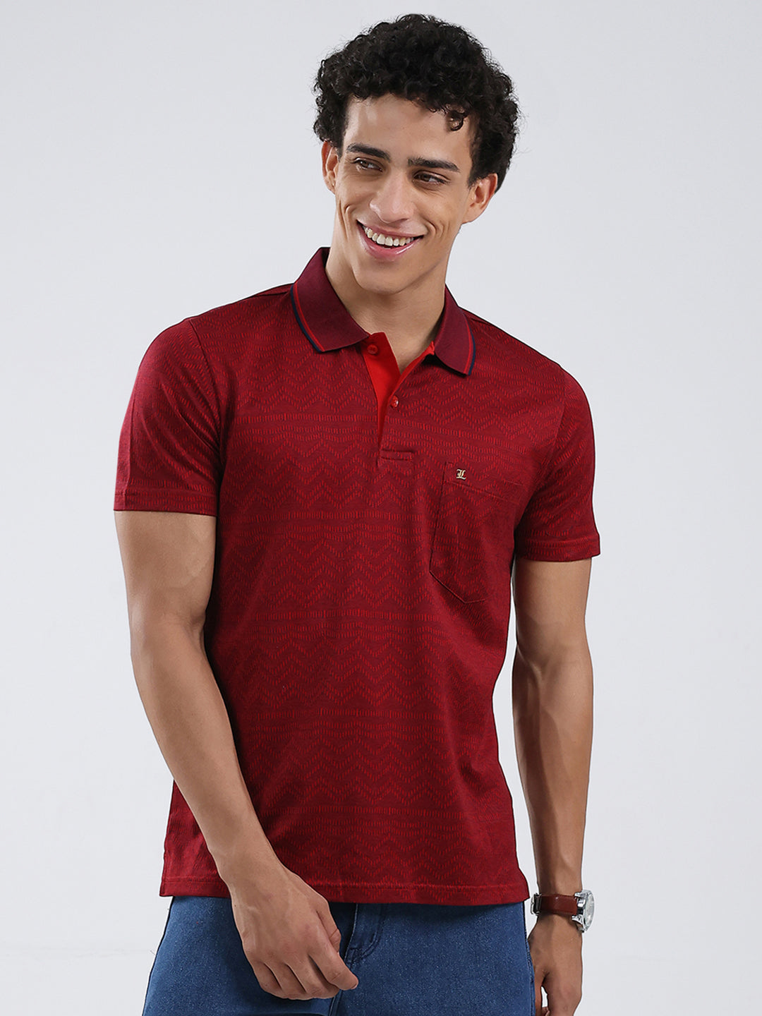 Luxuria Men Maroon Self Design Collar Half Sleeve T-Shirt