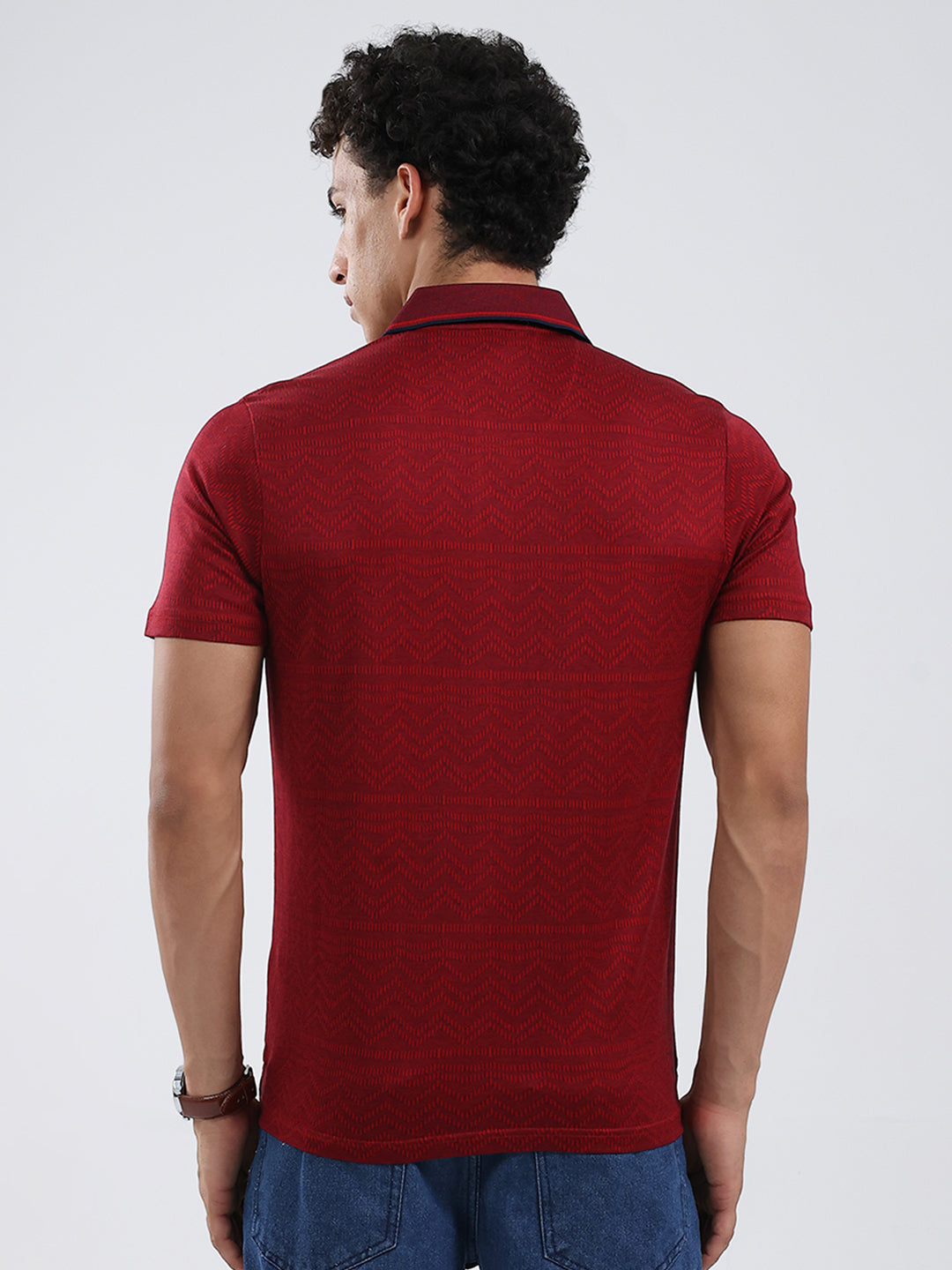 Luxuria Men Maroon Self Design Collar Half Sleeve T-Shirt