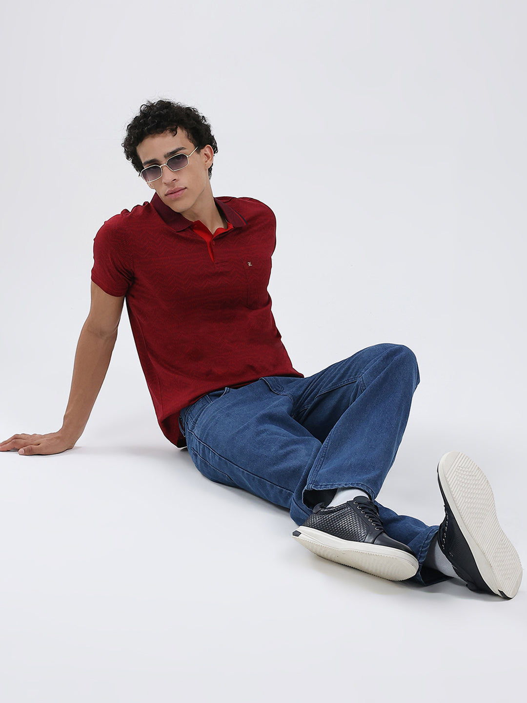 Luxuria Men Maroon Self Design Collar Half Sleeve T-Shirt