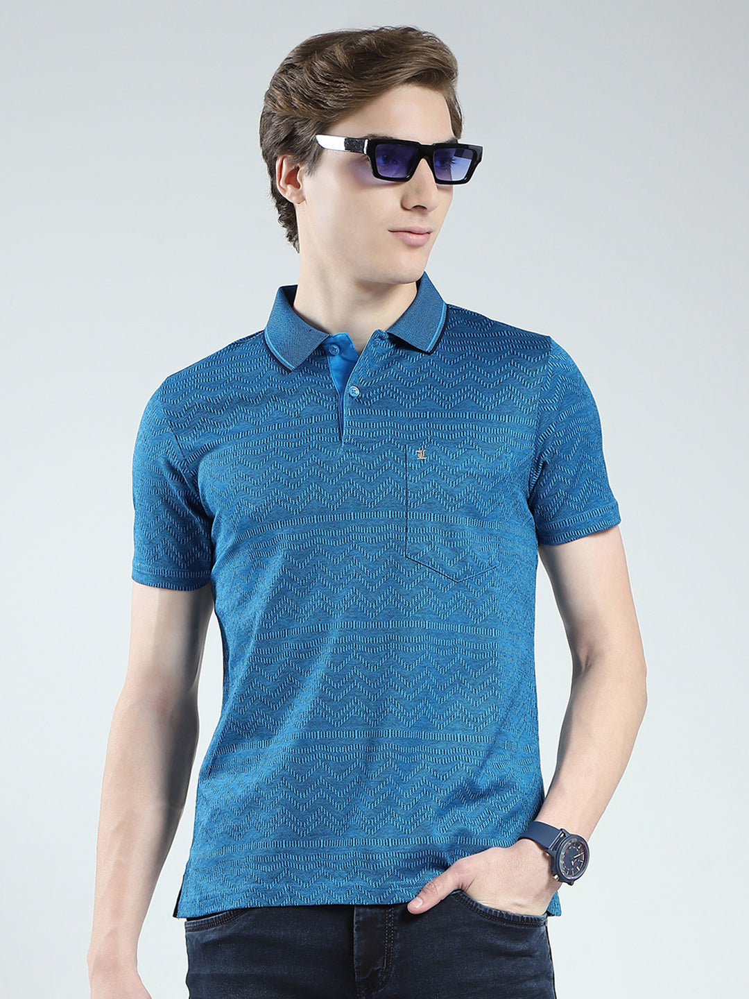 Luxuria Men Teal Blue Self Design Collar Half Sleeve T-Shirt