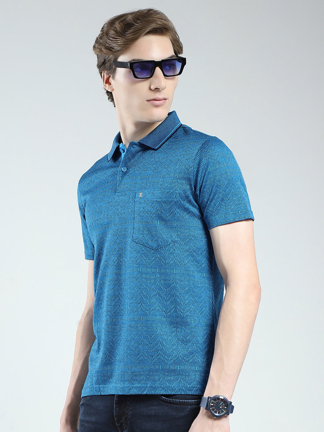 Luxuria Men Teal Blue Self Design Collar Half Sleeve T-Shirt