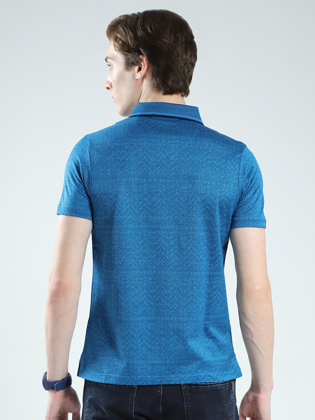 Luxuria Men Teal Blue Self Design Collar Half Sleeve T-Shirt