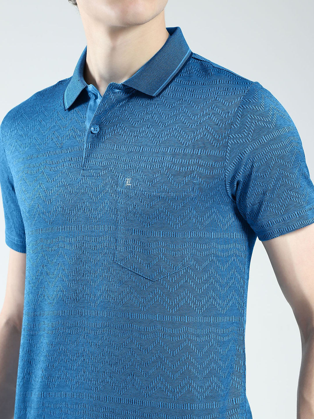 Luxuria Men Teal Blue Self Design Collar Half Sleeve T-Shirt