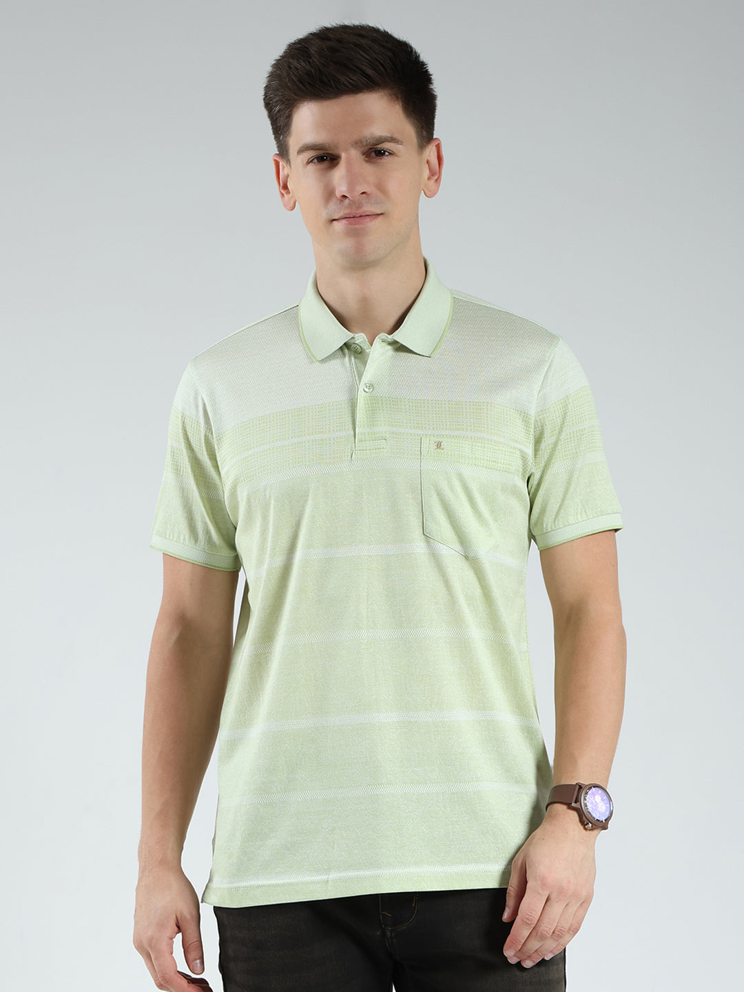 Luxuria Men Green Stripe Collar Half Sleeve T-Shirt