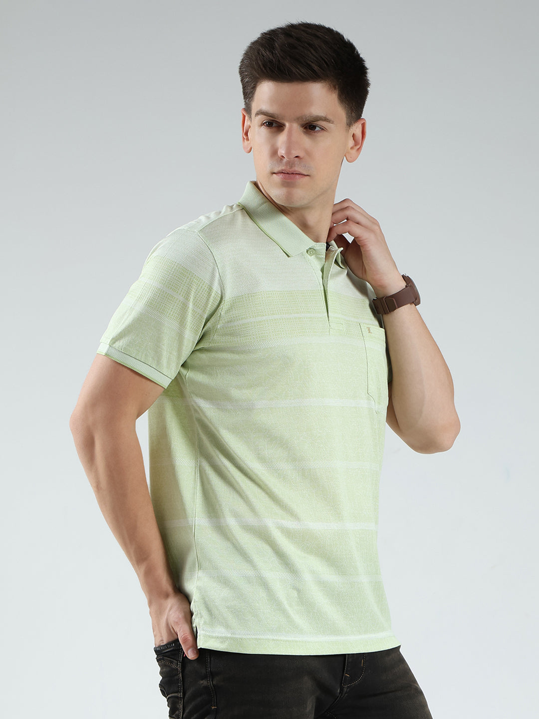 Luxuria Men Green Stripe Collar Half Sleeve T-Shirt