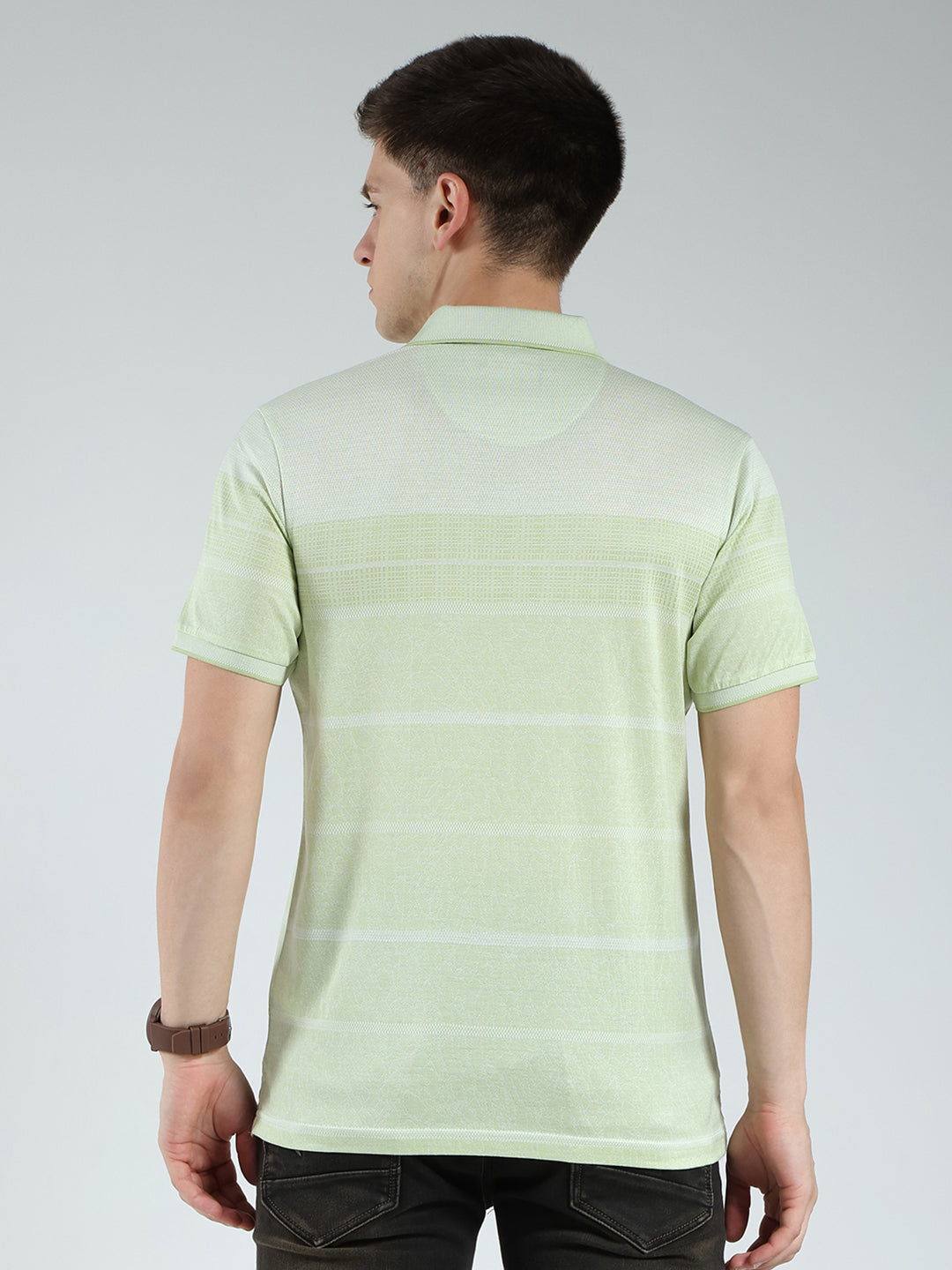Luxuria Men Green Stripe Collar Half Sleeve T-Shirt