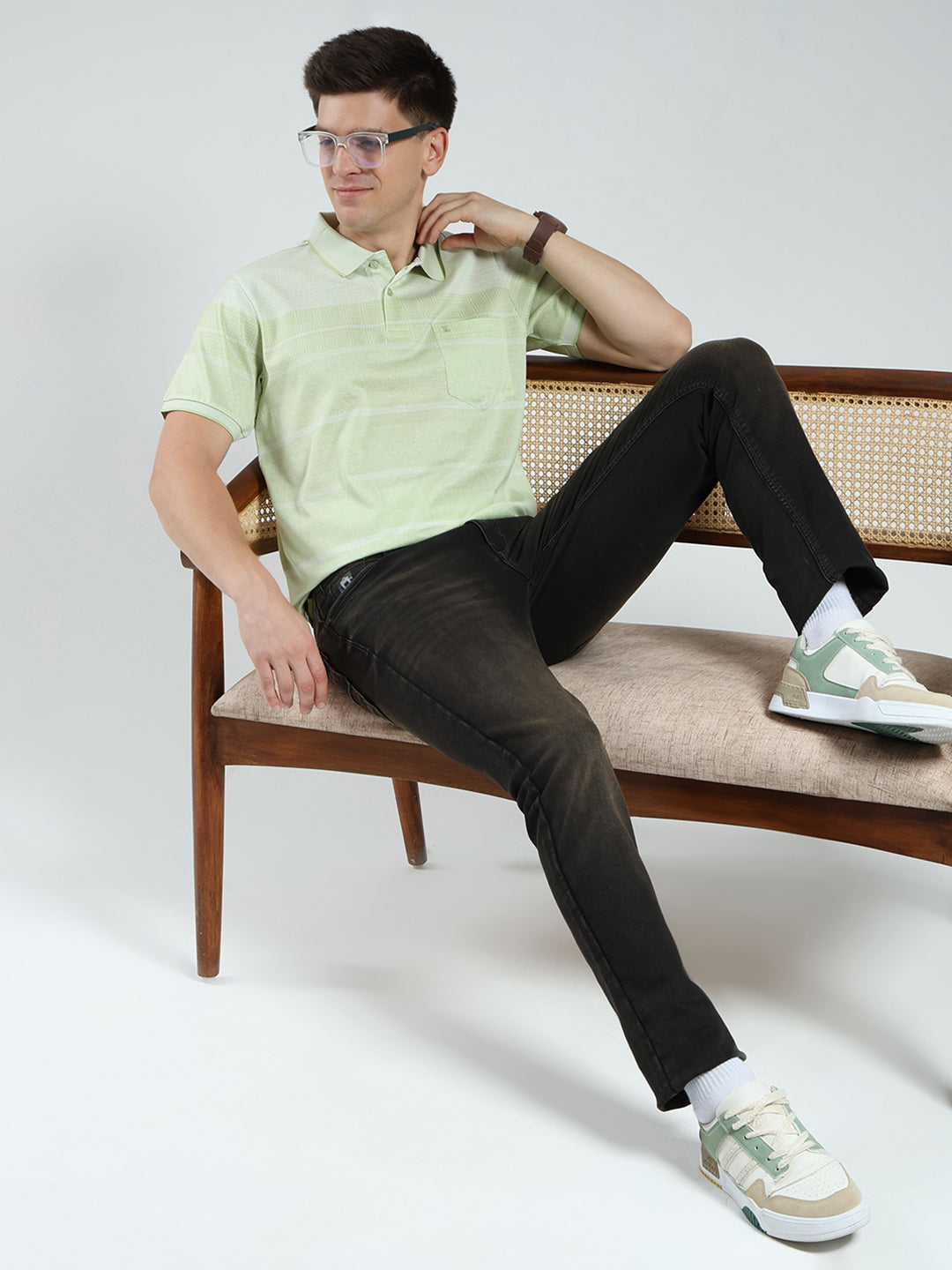 Luxuria Men Green Stripe Collar Half Sleeve T-Shirt