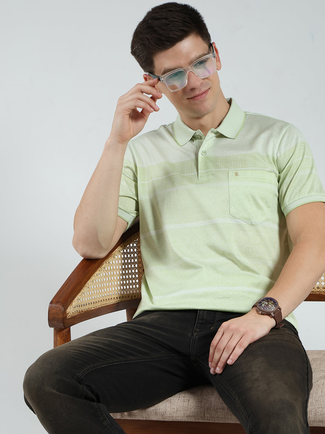 Luxuria Men Green Stripe Collar Half Sleeve T-Shirt