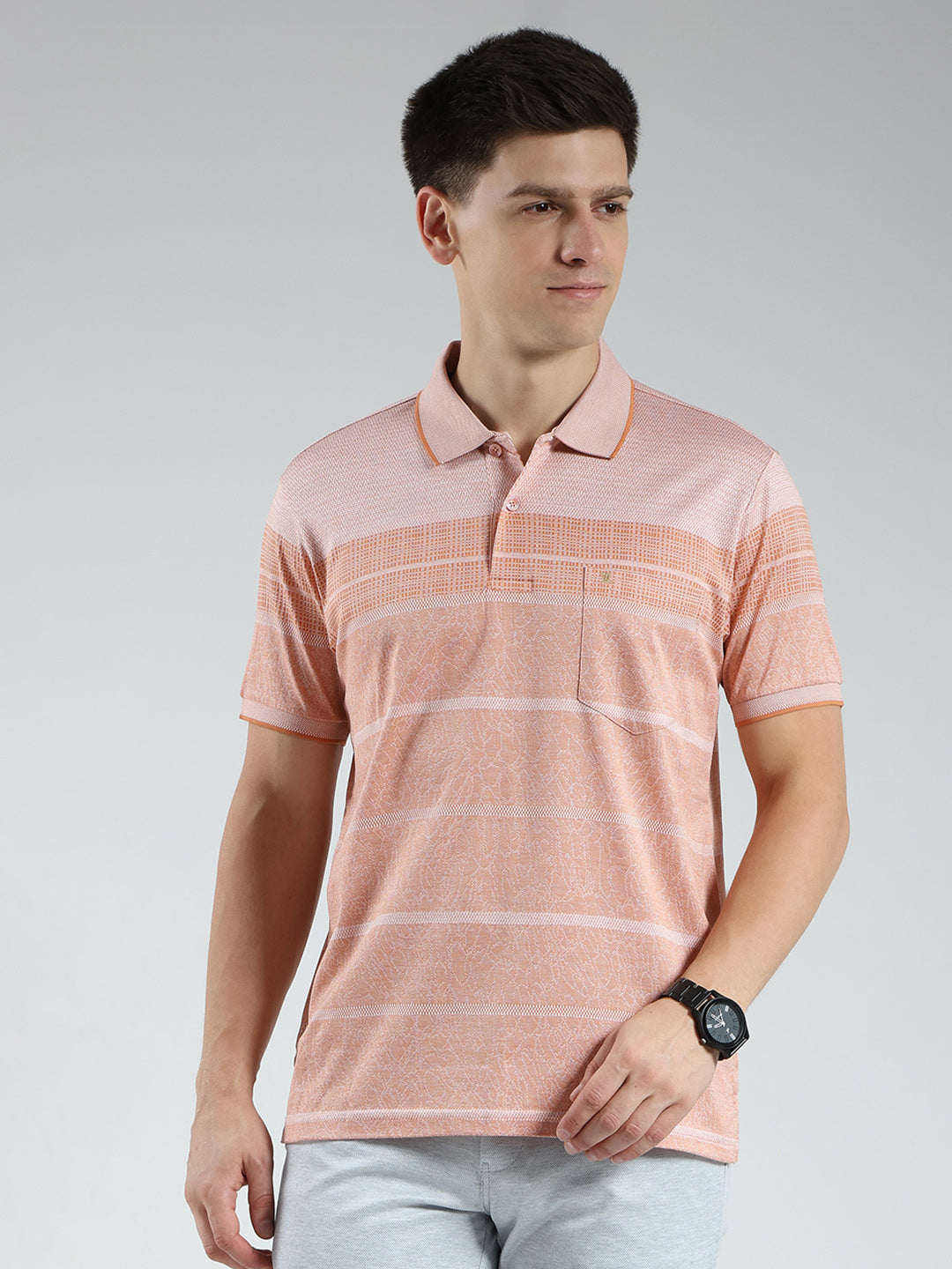 Luxuria Men Orange Stripe Collar Half Sleeve T-Shirt