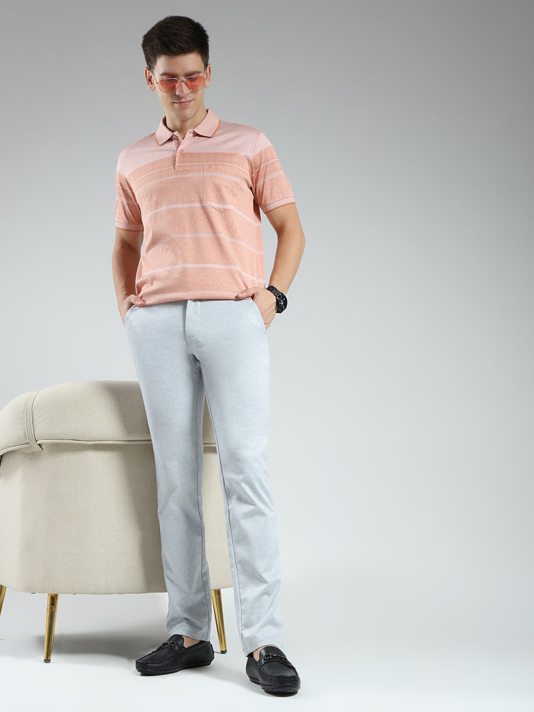 Luxuria Men Orange Stripe Collar Half Sleeve T-Shirt