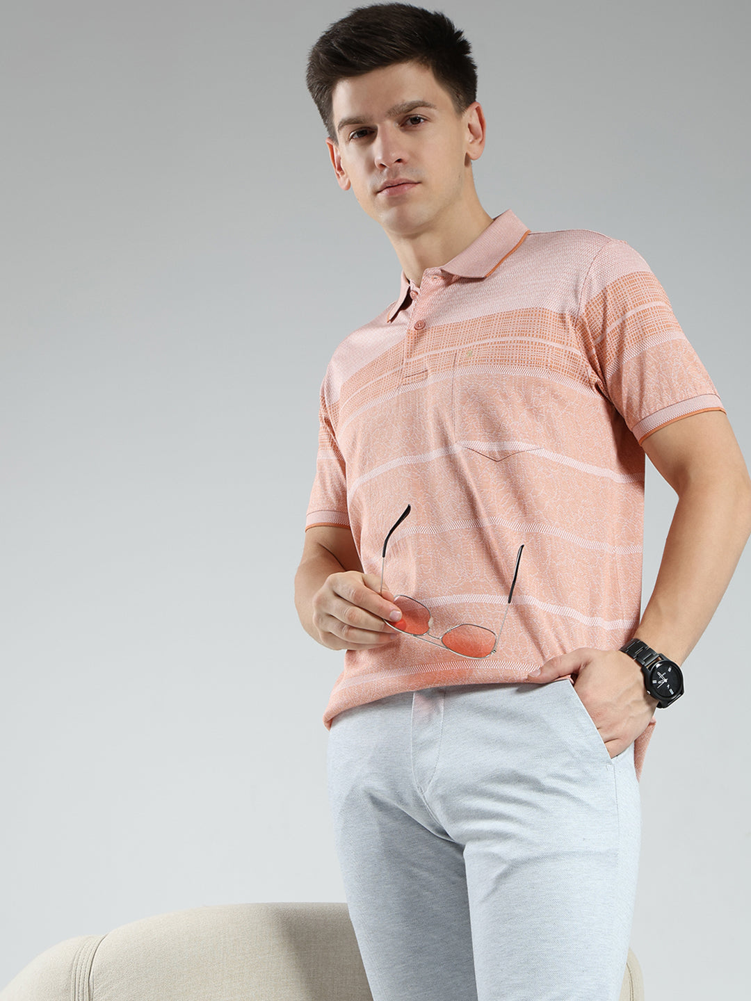 Luxuria Men Orange Stripe Collar Half Sleeve T-Shirt