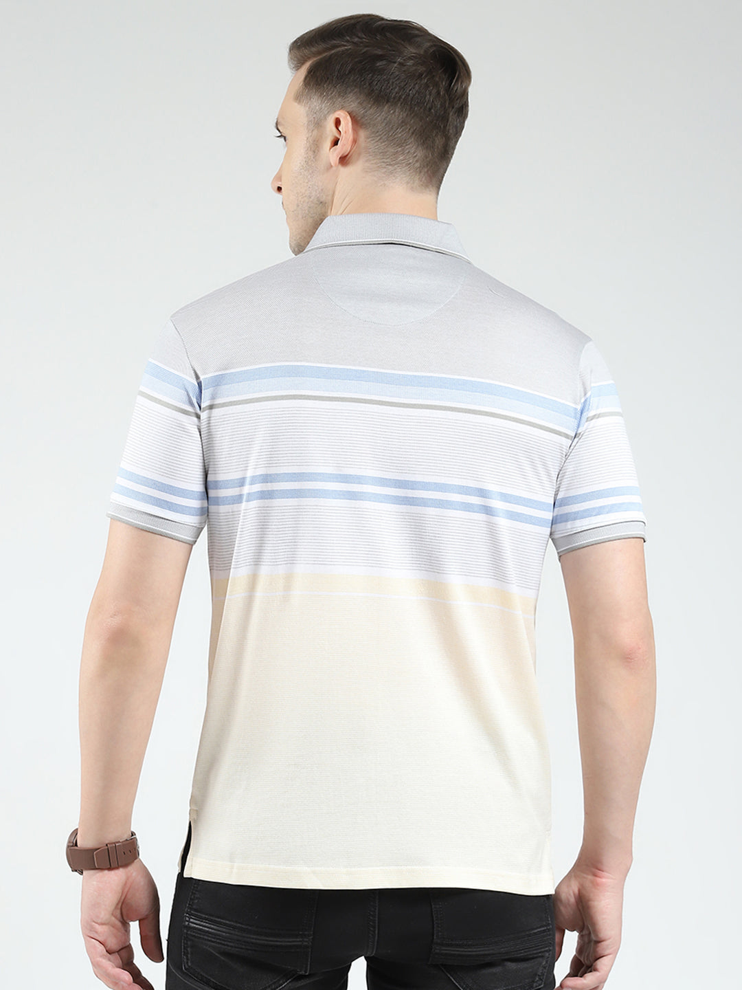 Luxuria Men Grey Stripe Collar Half Sleeve T-Shirt