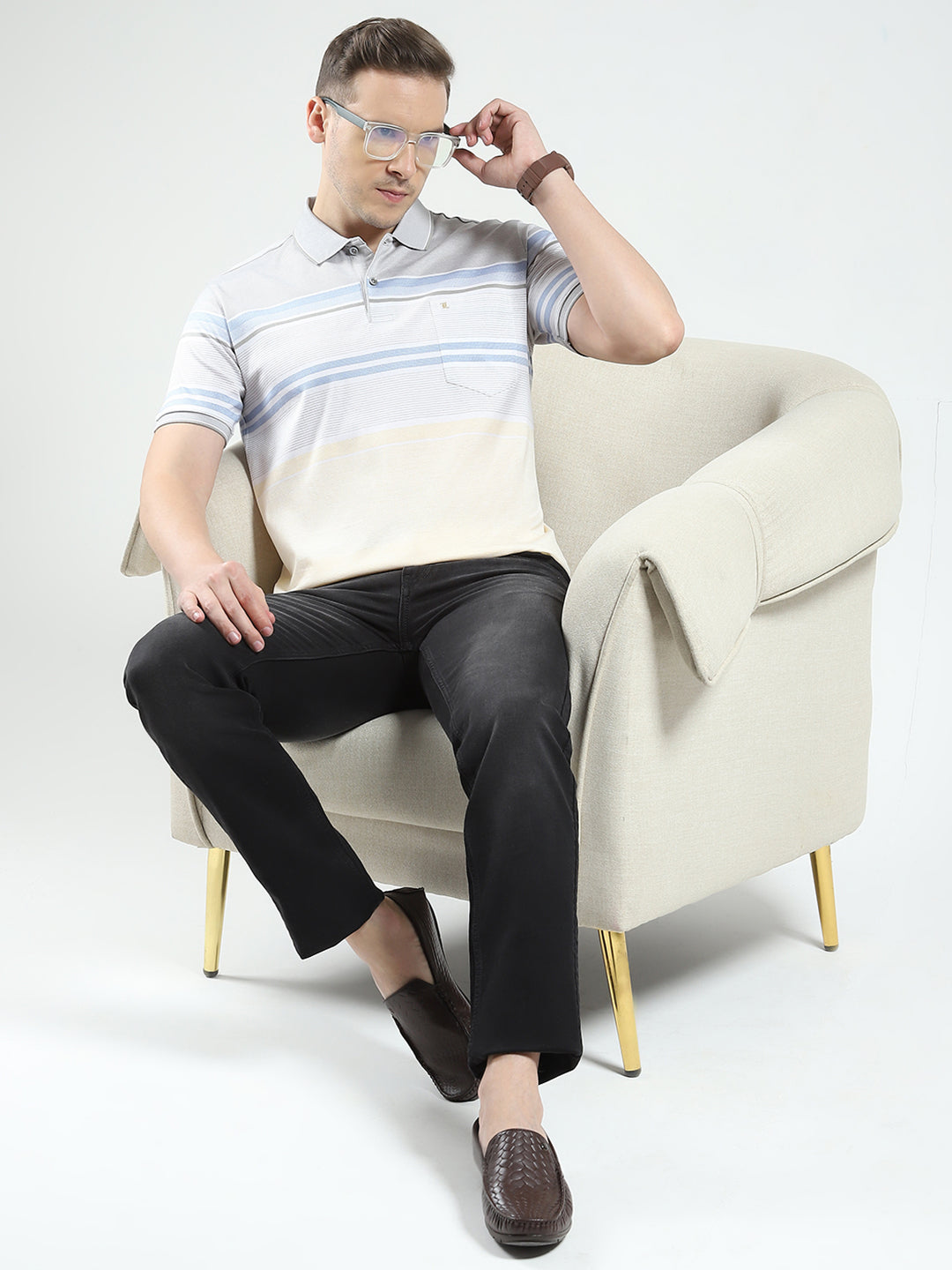 Luxuria Men Grey Stripe Collar Half Sleeve T-Shirt