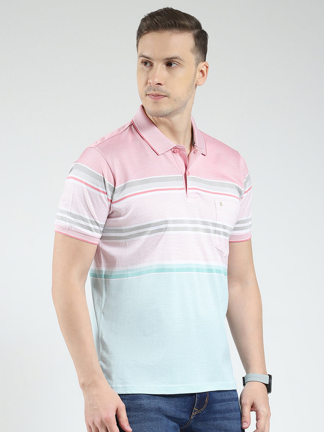 Luxuria Men Pink Stripe Collar Half Sleeve T-Shirt