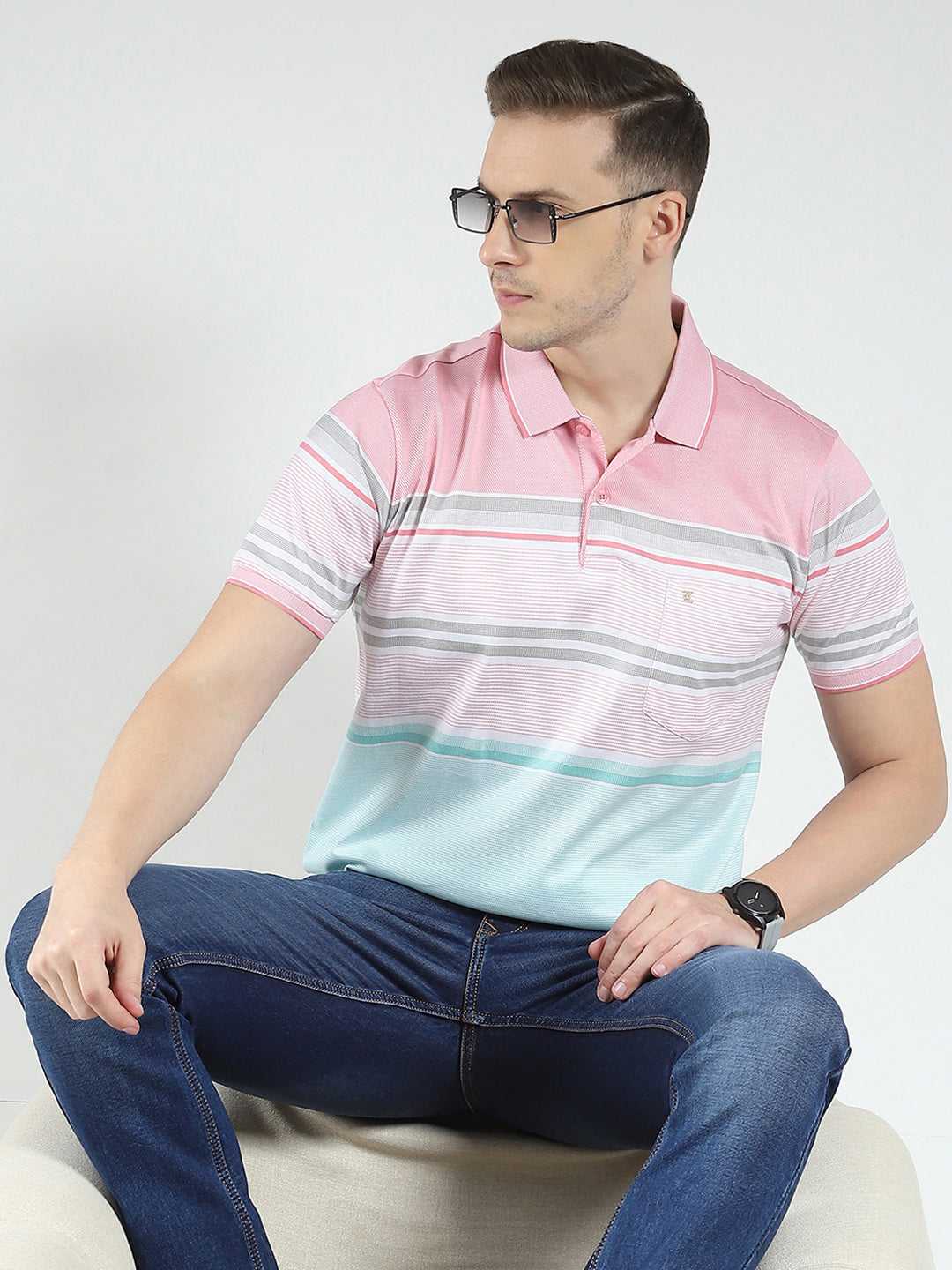 Luxuria Men Pink Stripe Collar Half Sleeve T-Shirt