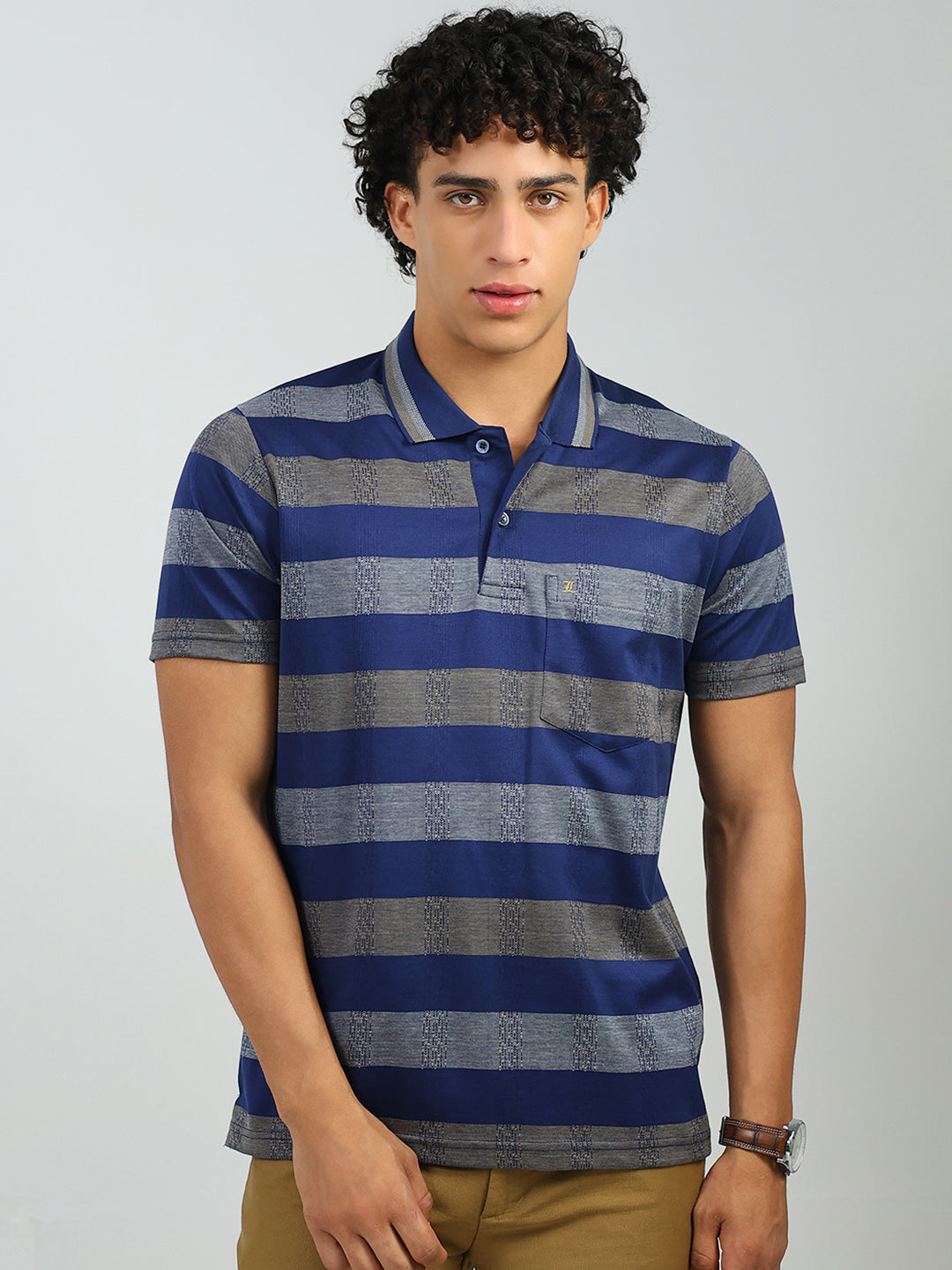 Luxuria Men Blue Stripe Collar Half Sleeve T-Shirt