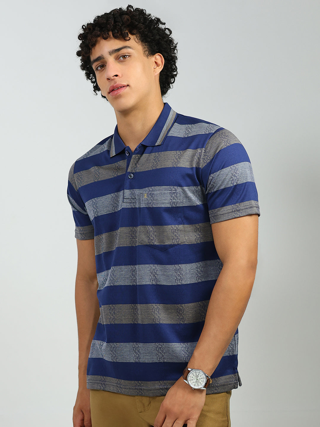 Luxuria Men Blue Stripe Collar Half Sleeve T-Shirt