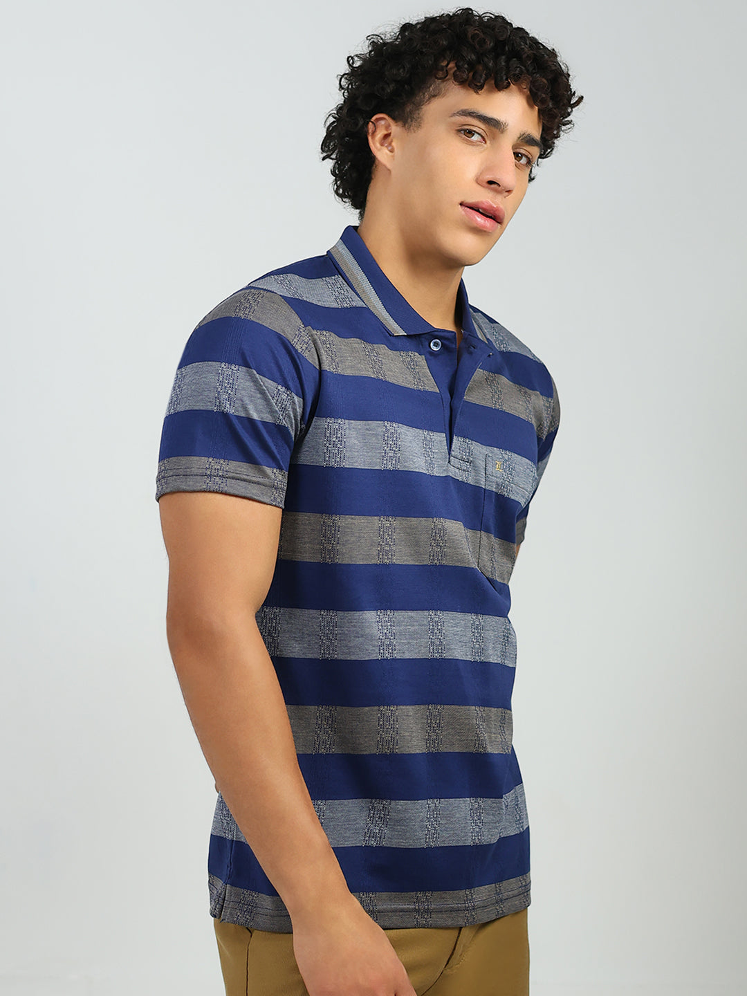 Luxuria Men Blue Stripe Collar Half Sleeve T-Shirt