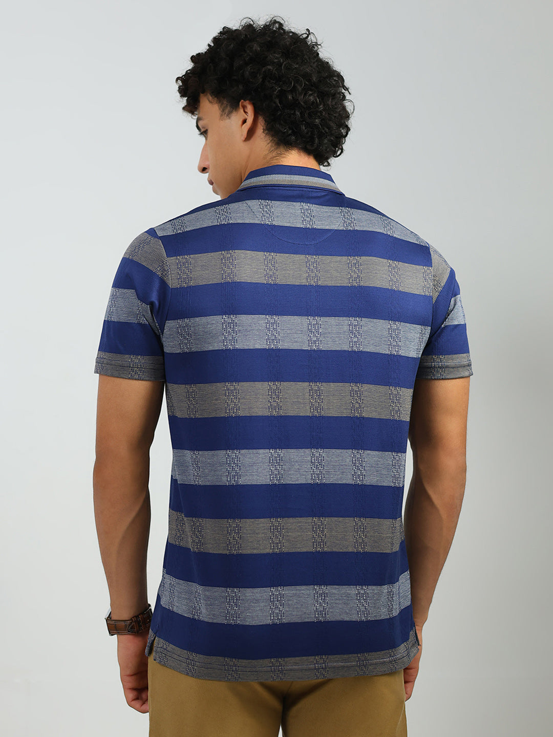 Luxuria Men Blue Stripe Collar Half Sleeve T-Shirt