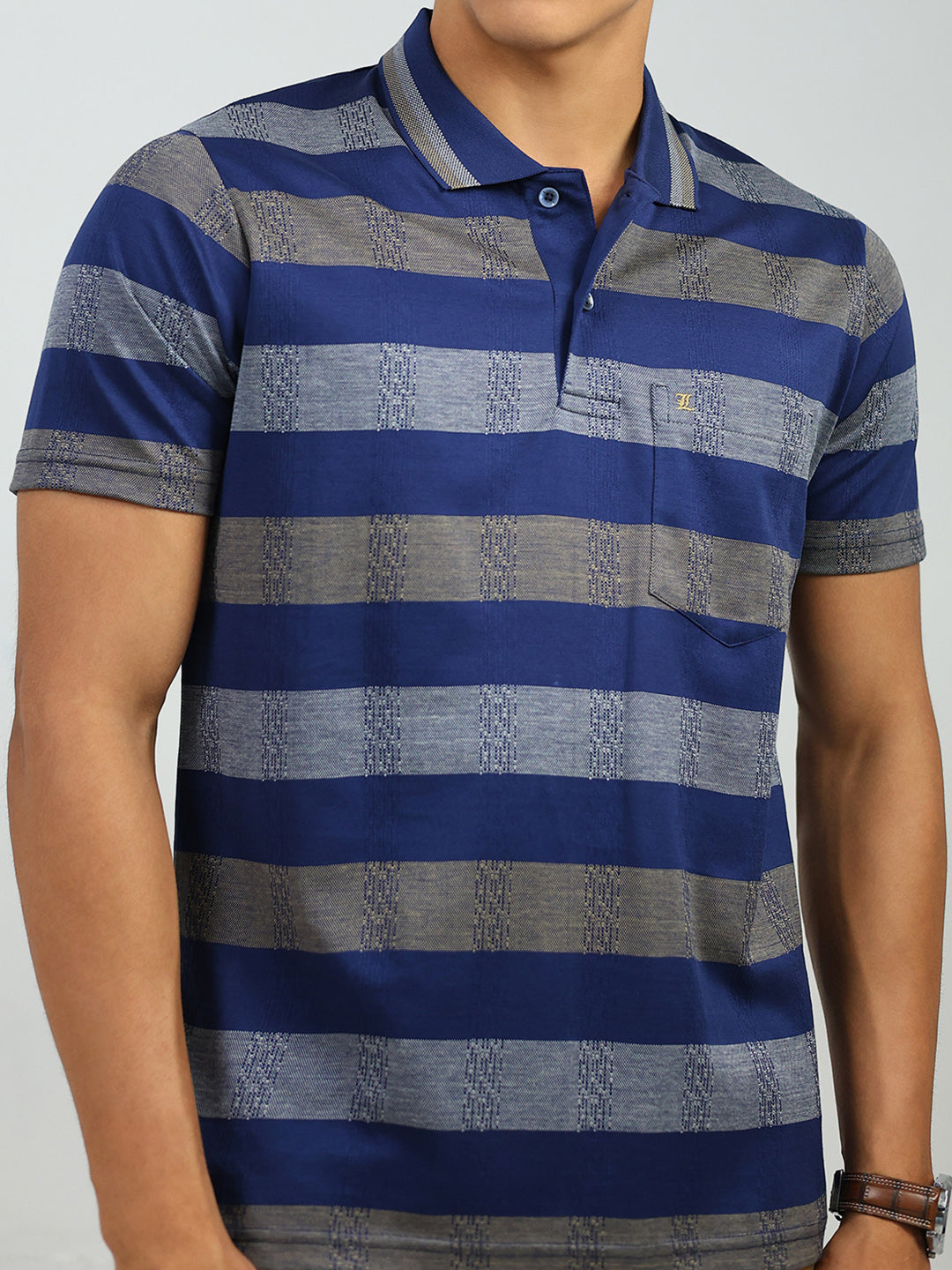 Luxuria Men Blue Stripe Collar Half Sleeve T-Shirt