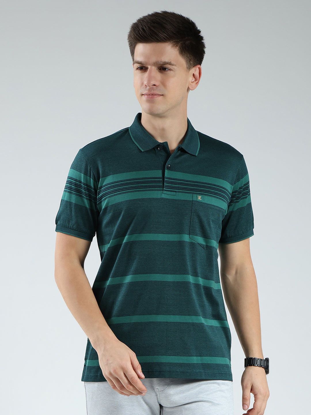 Luxuria Men Green Stripe Collar Half Sleeve T-Shirt