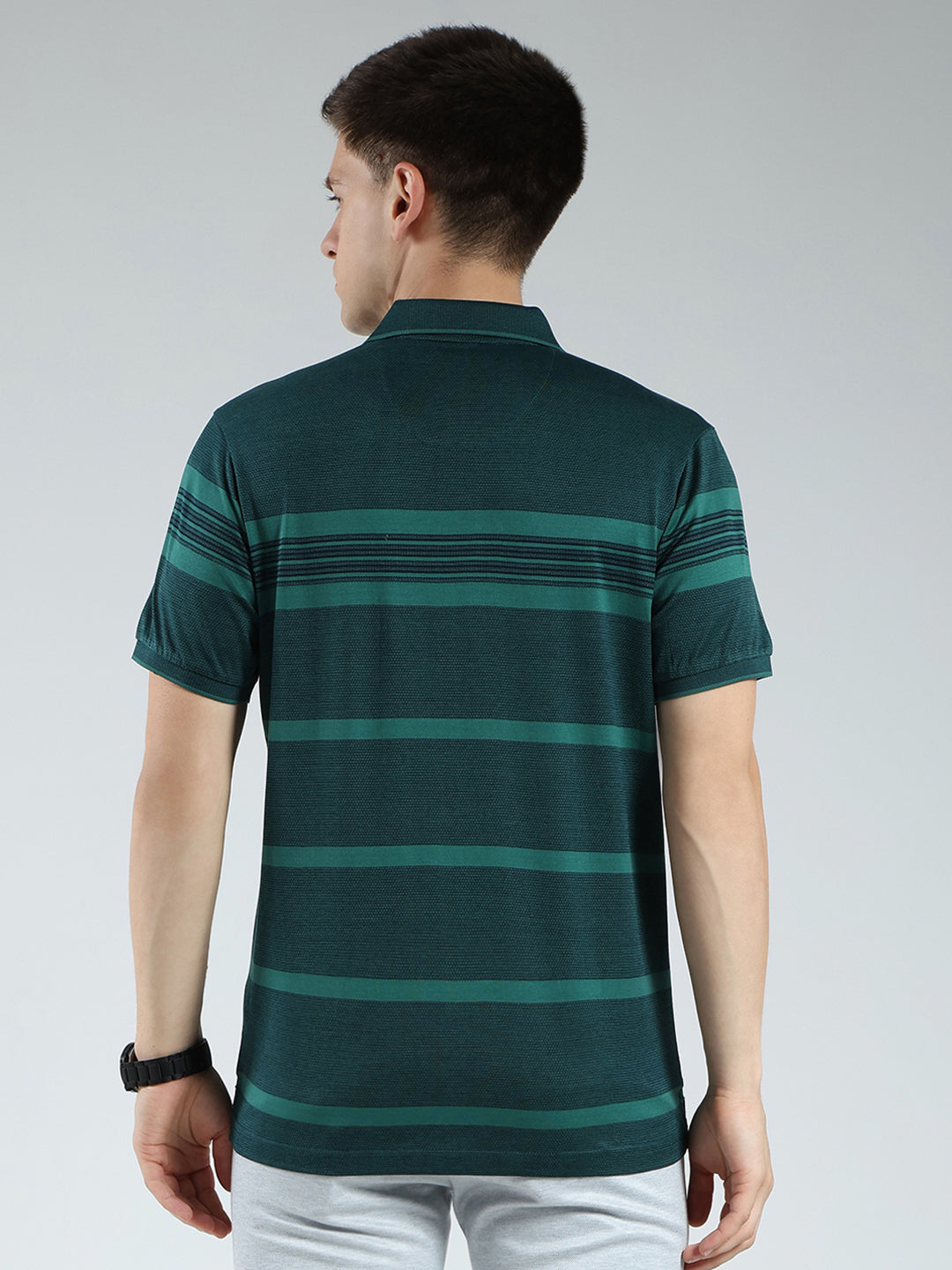 Luxuria Men Green Stripe Collar Half Sleeve T-Shirt