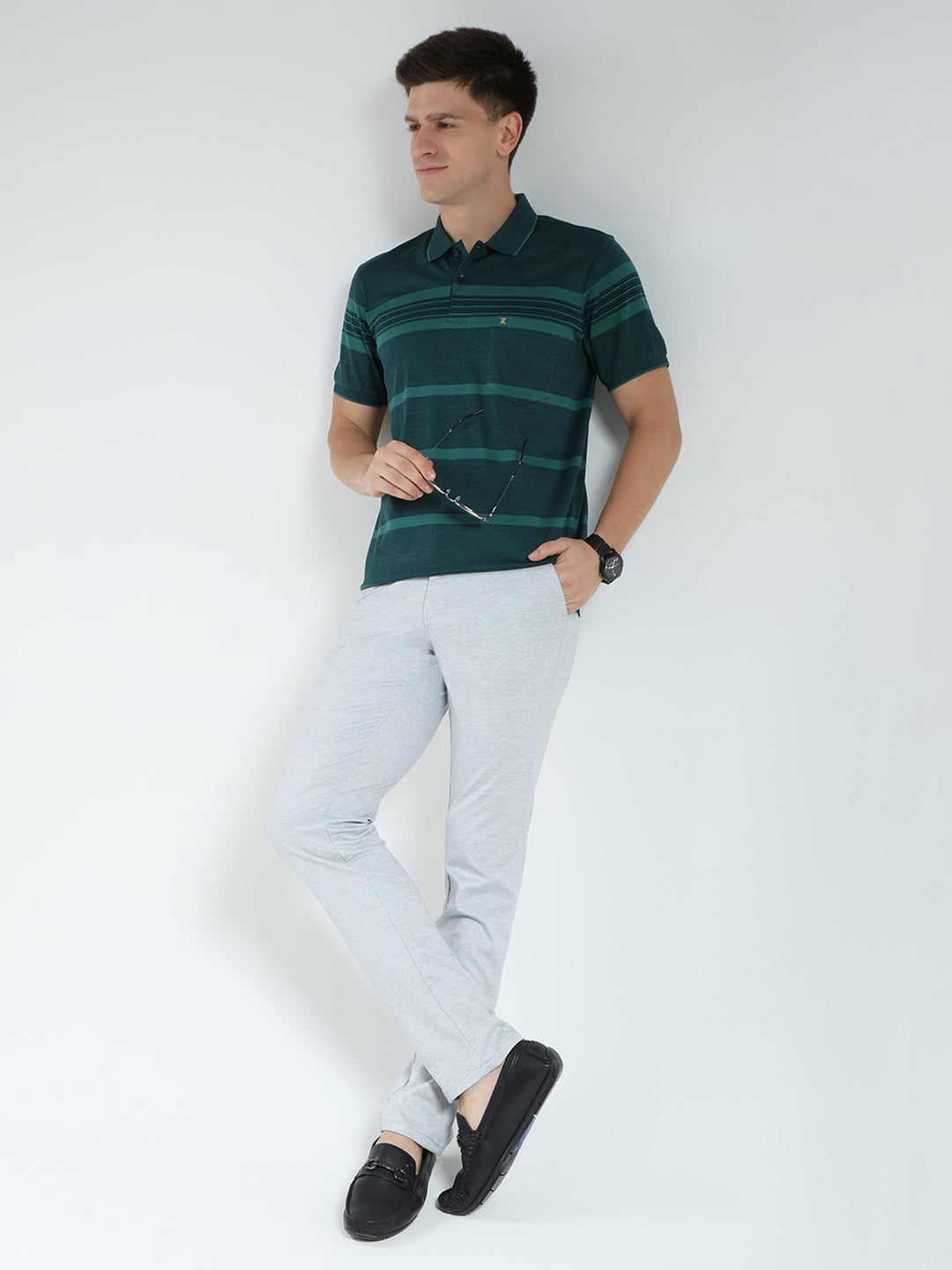 Luxuria Men Green Stripe Collar Half Sleeve T-Shirt