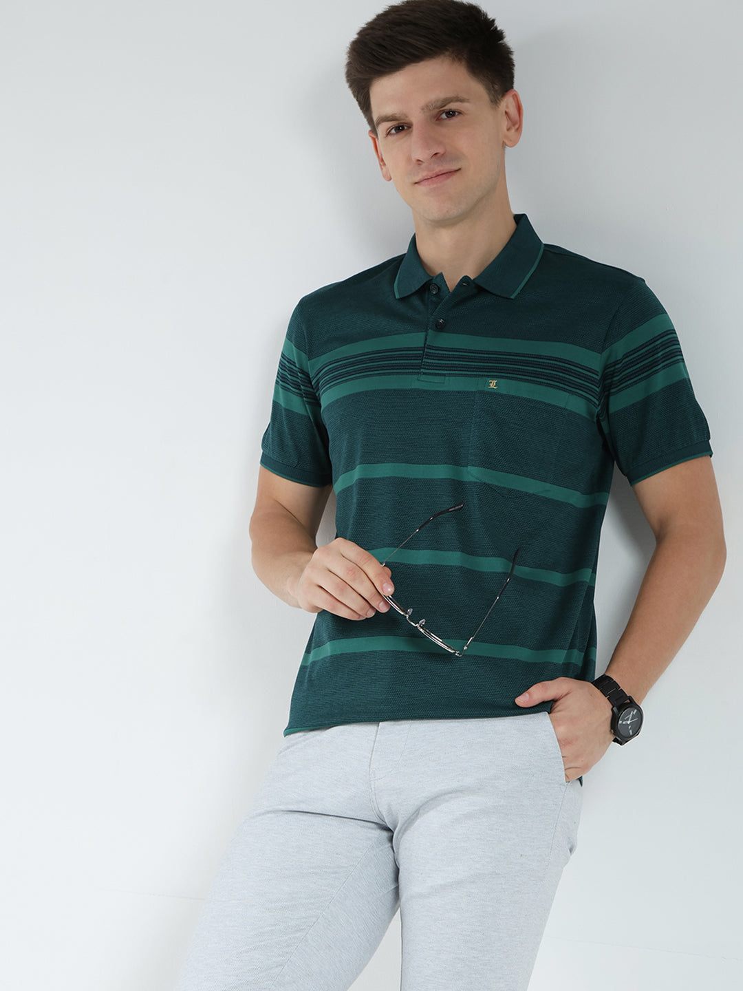 Luxuria Men Green Stripe Collar Half Sleeve T-Shirt