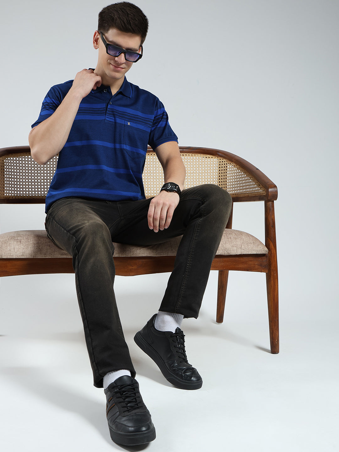 Luxuria Men Navy Blue Stripe Collar Half Sleeve T-Shirt