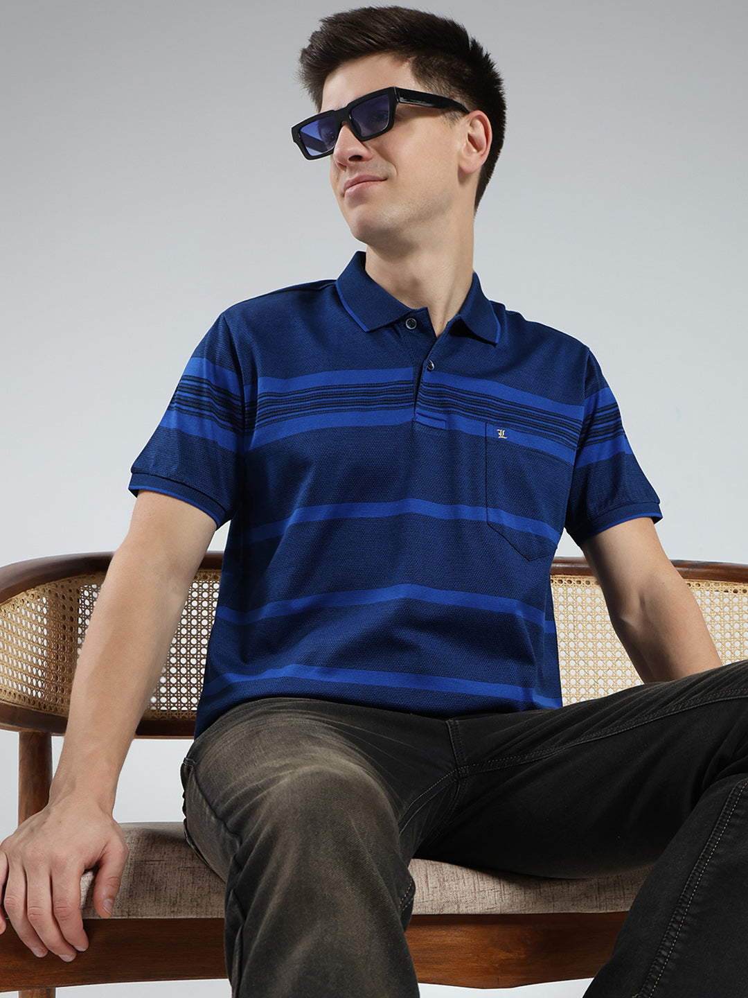 Luxuria Men Navy Blue Stripe Collar Half Sleeve T-Shirt