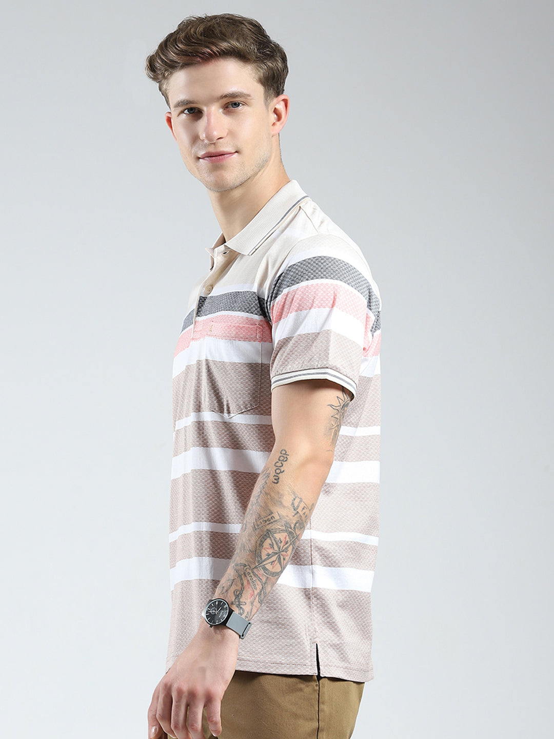 Luxuria Men Beige Stripe Collar Half Sleeve T-Shirt