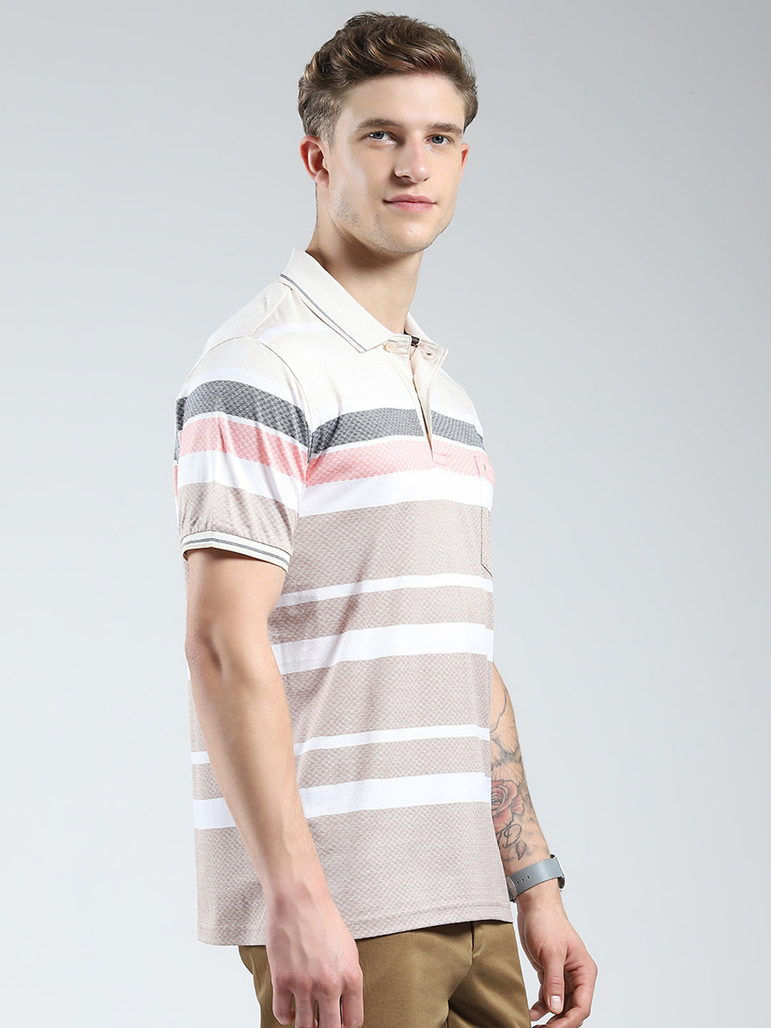 Luxuria Men Beige Stripe Collar Half Sleeve T-Shirt