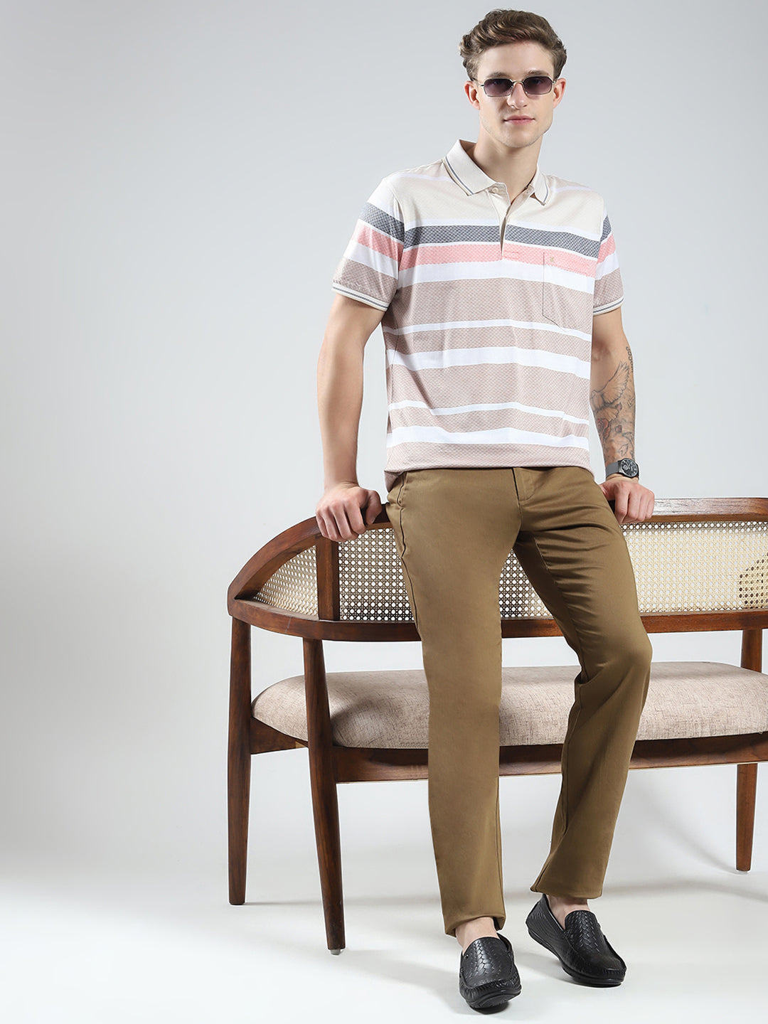Luxuria Men Beige Stripe Collar Half Sleeve T-Shirt