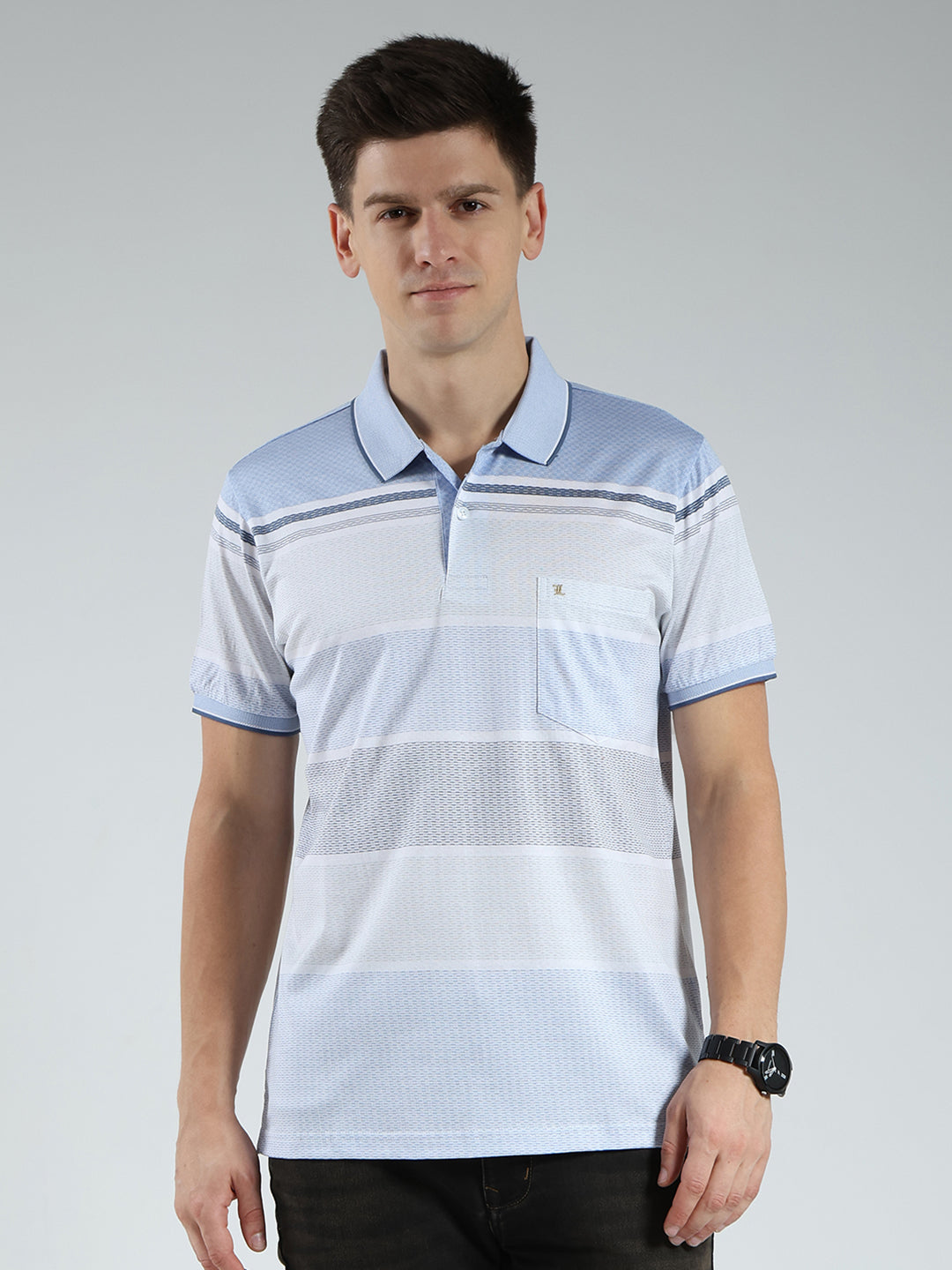 Luxuria Men Blue Stripe Collar Half Sleeve T-Shirt