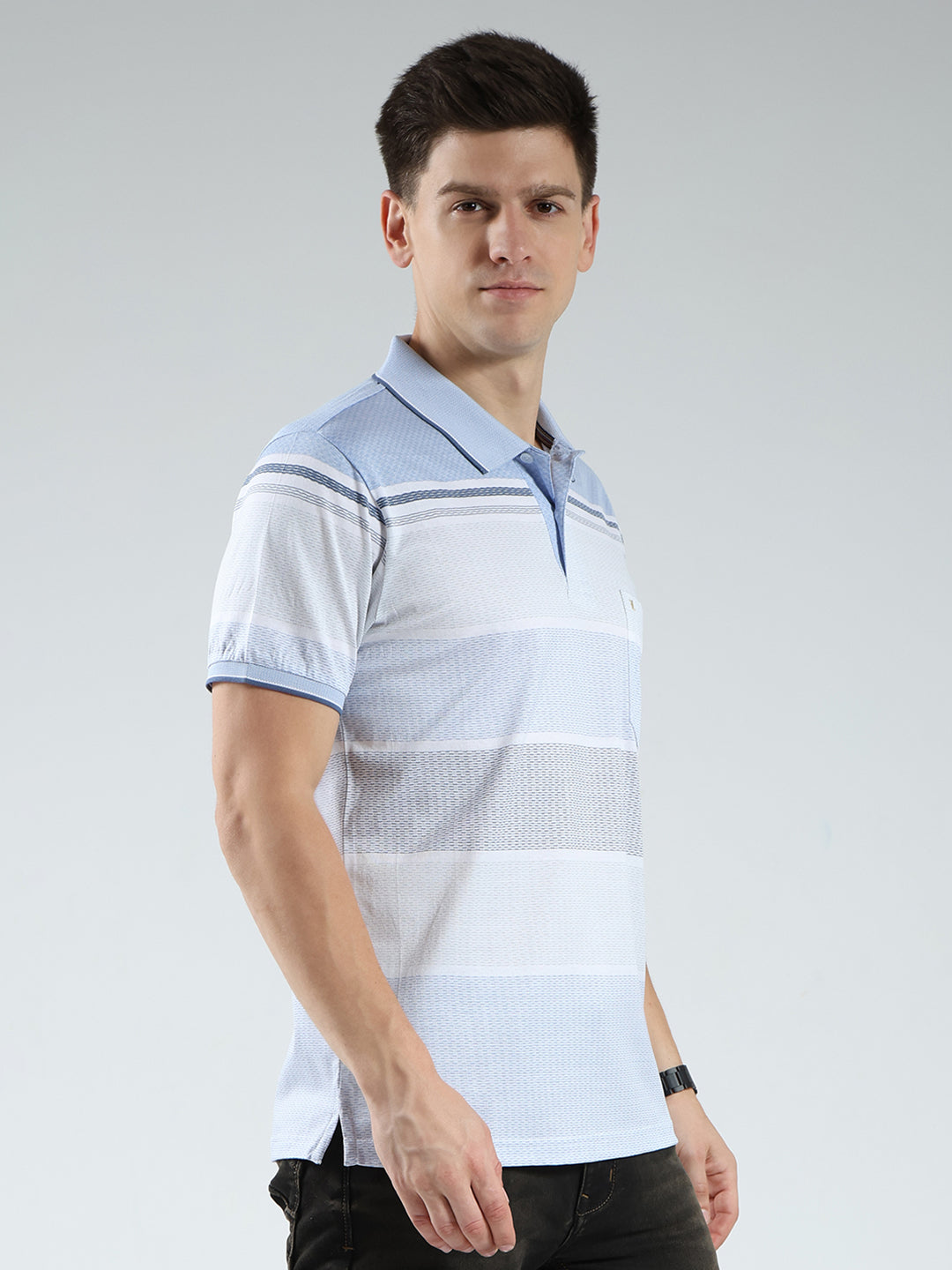 Luxuria Men Blue Stripe Collar Half Sleeve T-Shirt