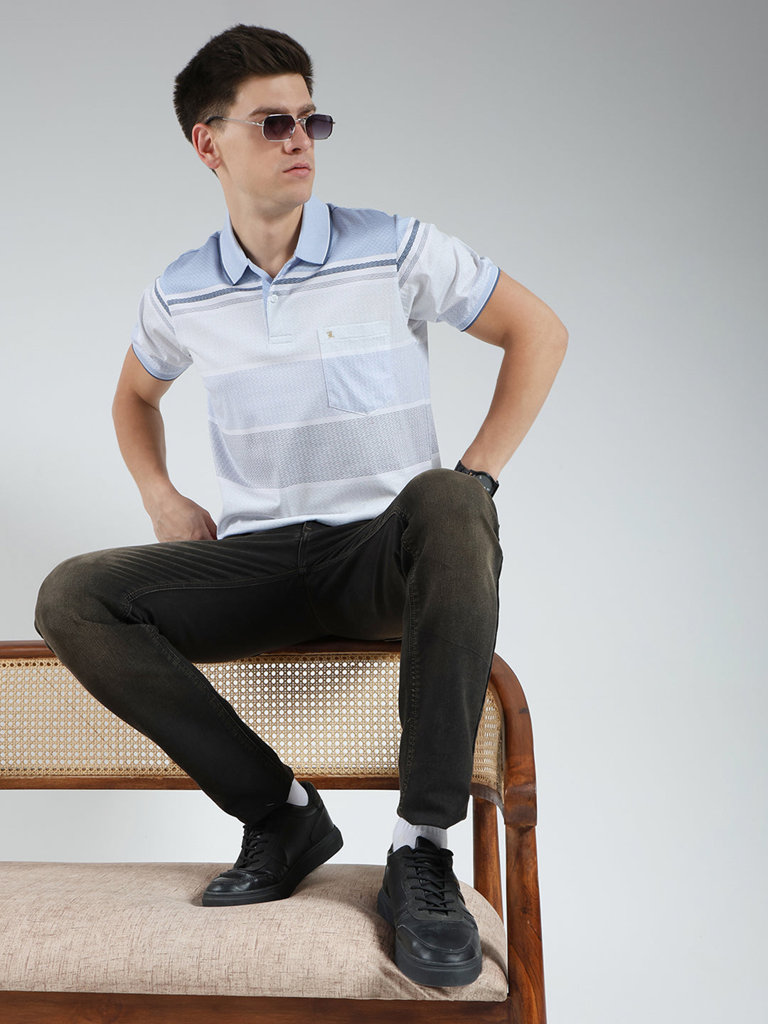 Luxuria Men Blue Stripe Collar Half Sleeve T-Shirt