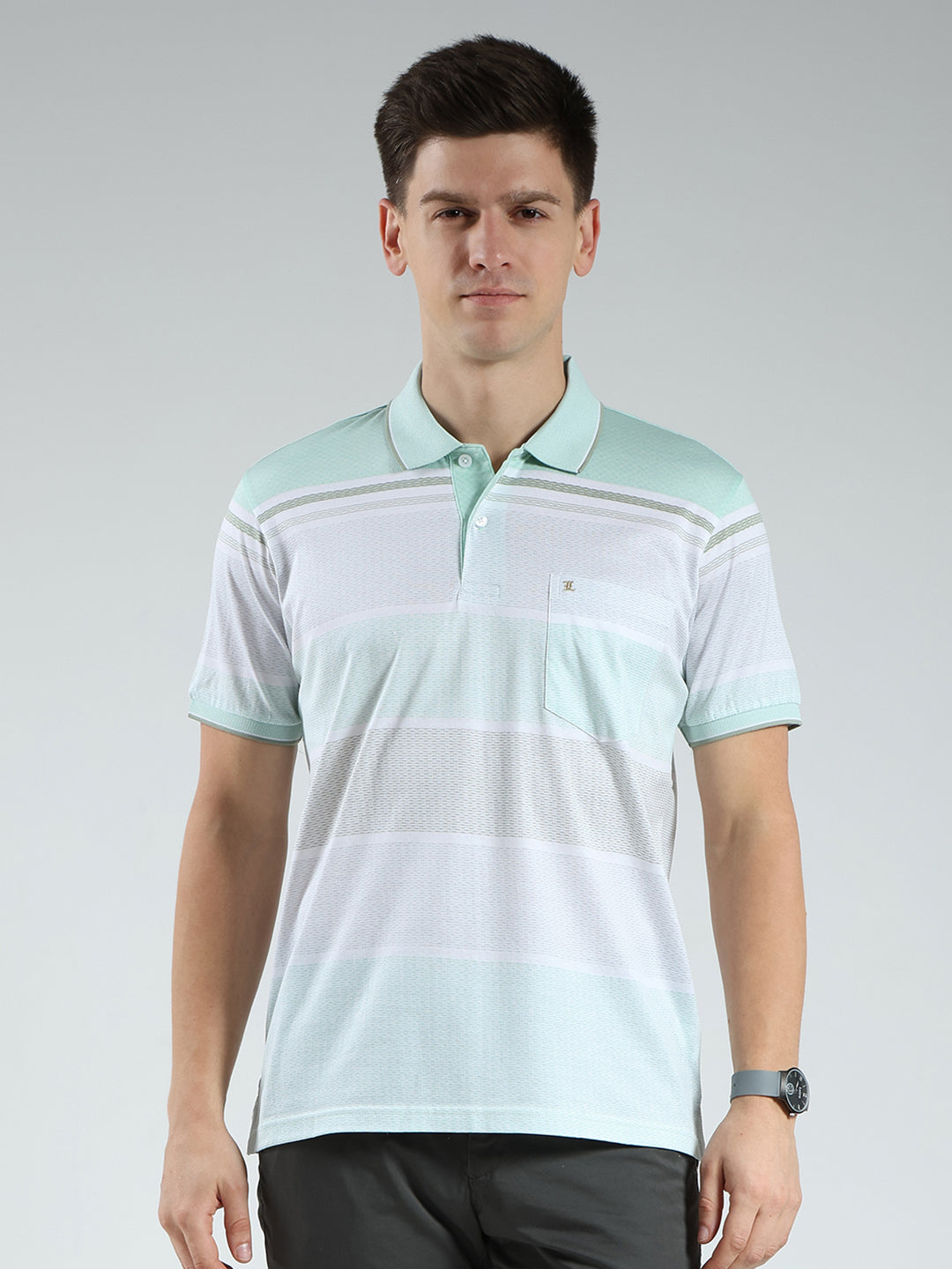 Luxuria Men Green Stripe Collar Half Sleeve T-Shirt