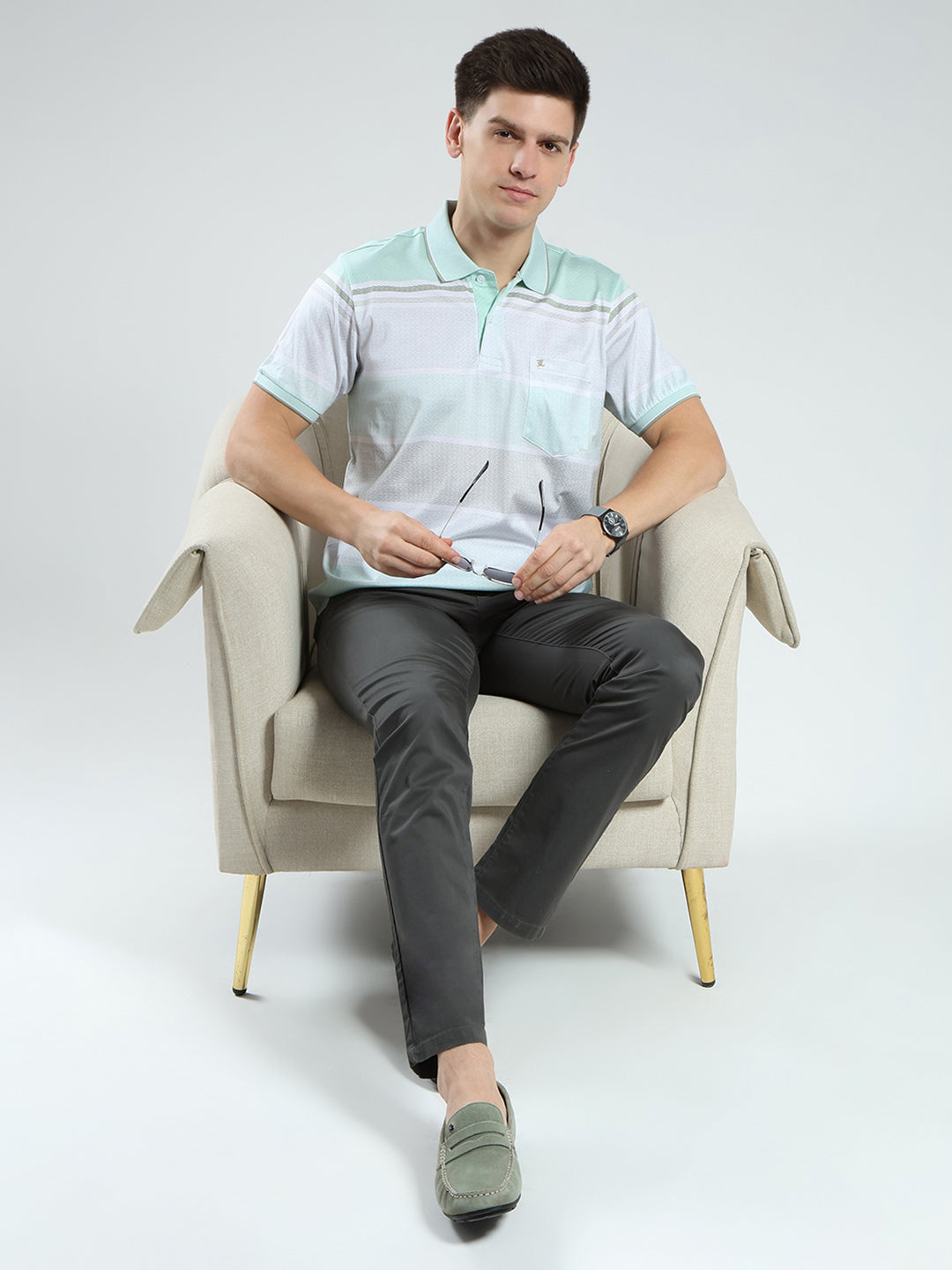 Luxuria Men Green Stripe Collar Half Sleeve T-Shirt