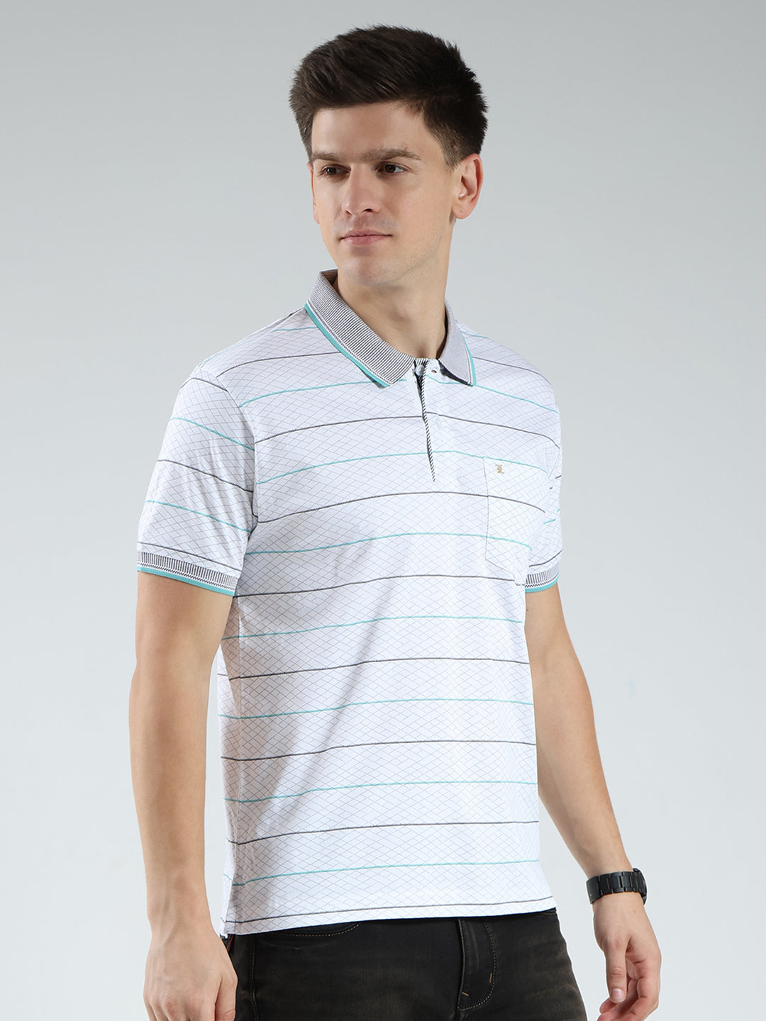 Luxuria Men White Stripe Collar Half Sleeve T-Shirt