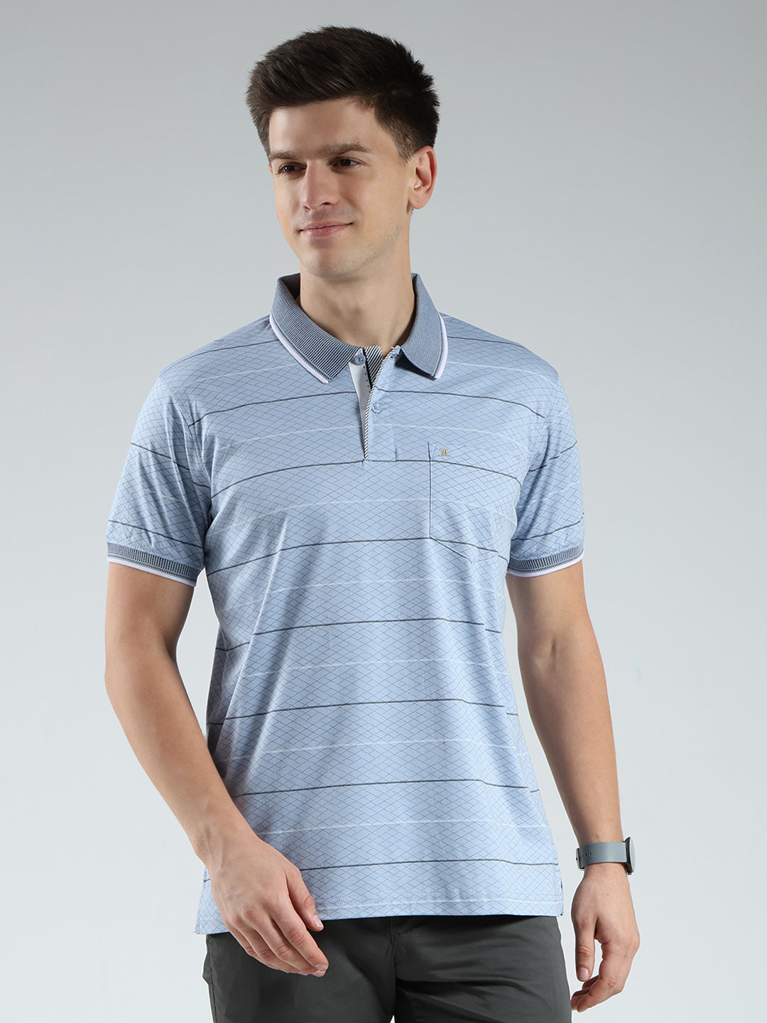 Luxuria Men Blue Stripe Collar Half Sleeve T-Shirt